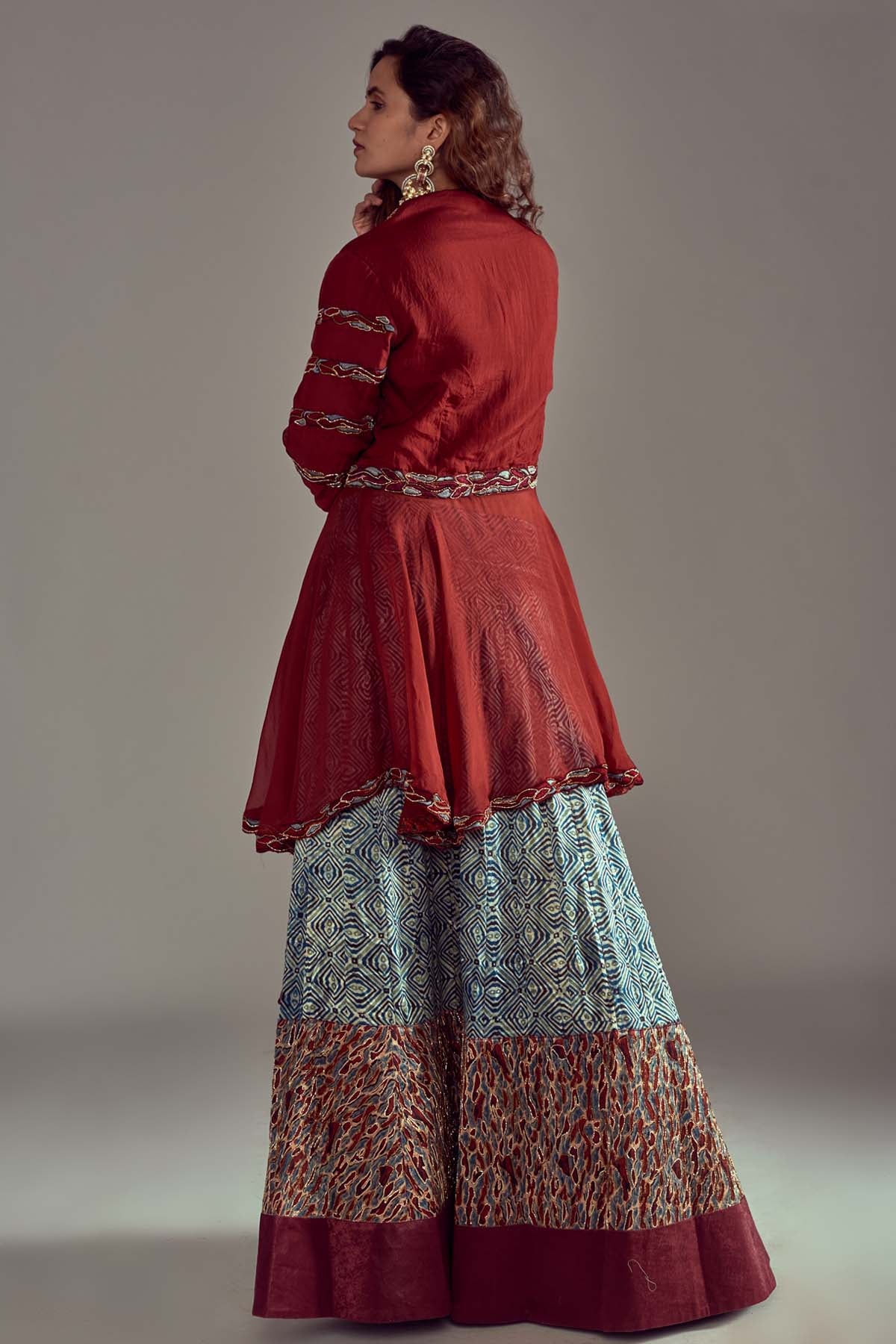 Ajrakh Print Embroidered Lehenga Set