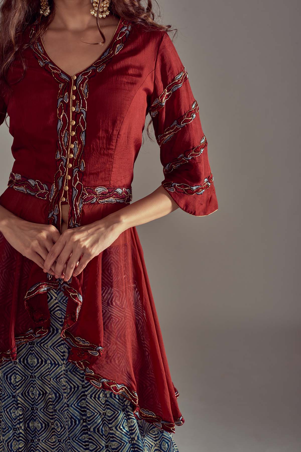 Ajrakh Print Embroidered Lehenga Set