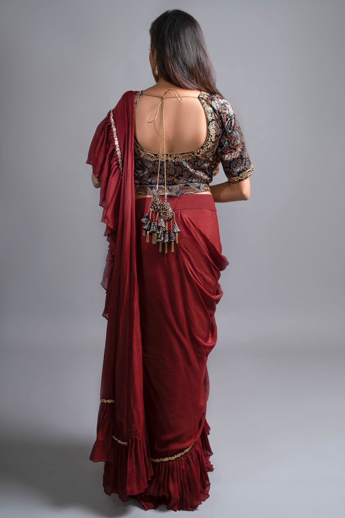 Ajrakh Print Embroidered Saree Set