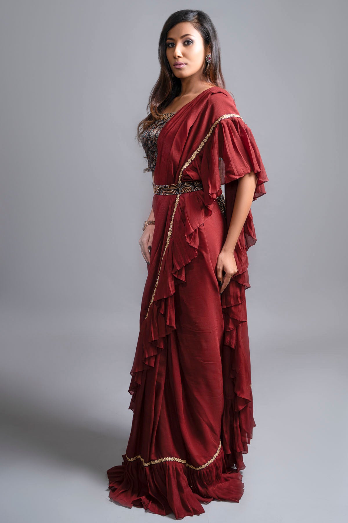 Ajrakh Print Embroidered Saree Set