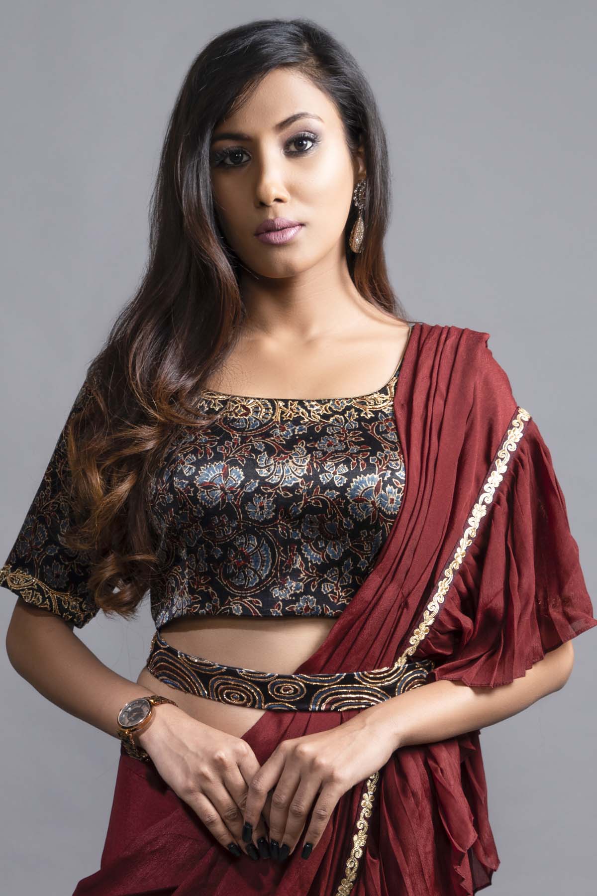 Ajrakh Print Embroidered Saree Set