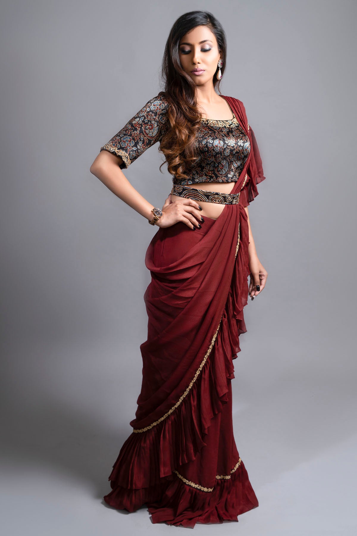 Ajrakh Print Embroidered Saree Set