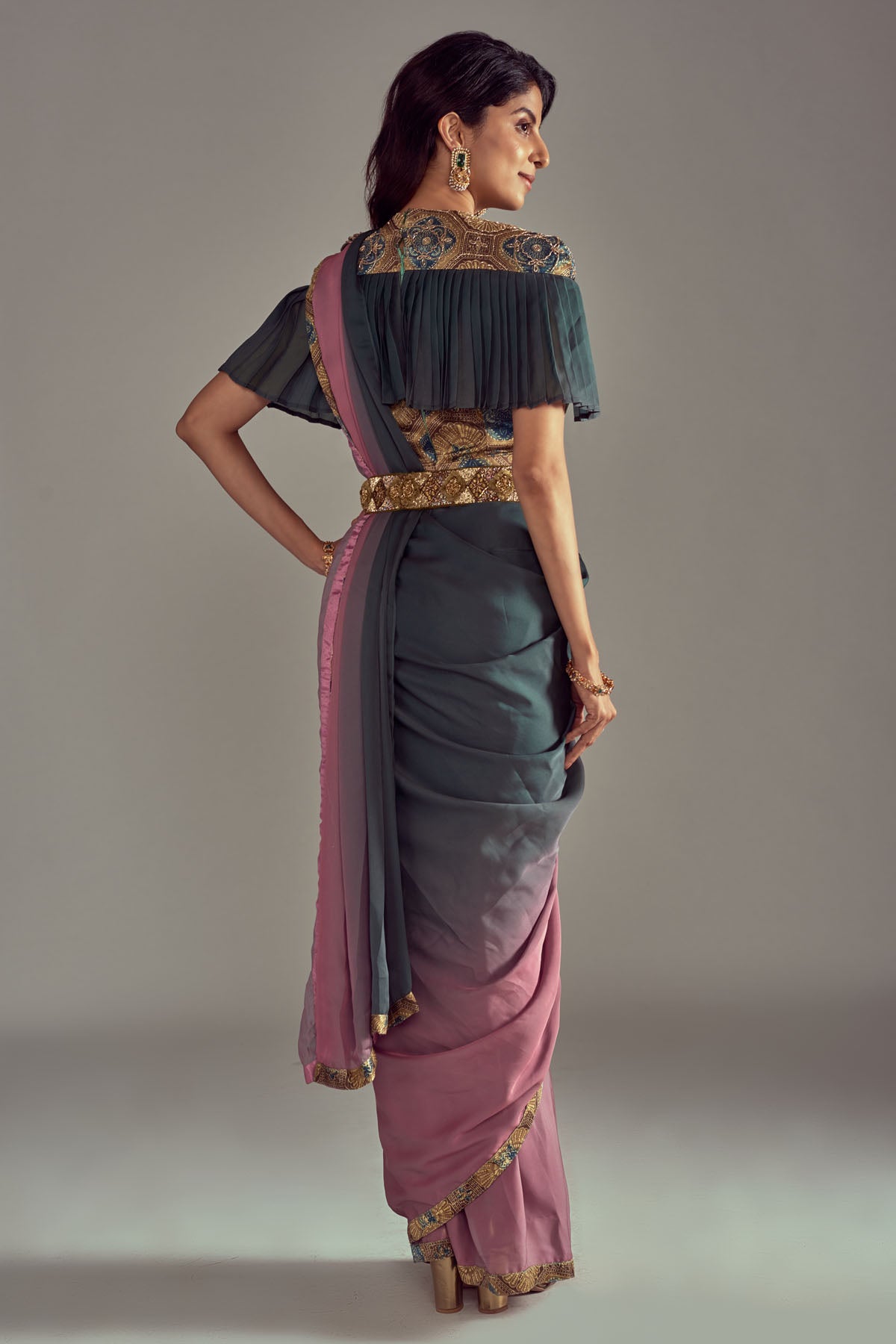 Ajrakh Printed Embroidered Saree Set