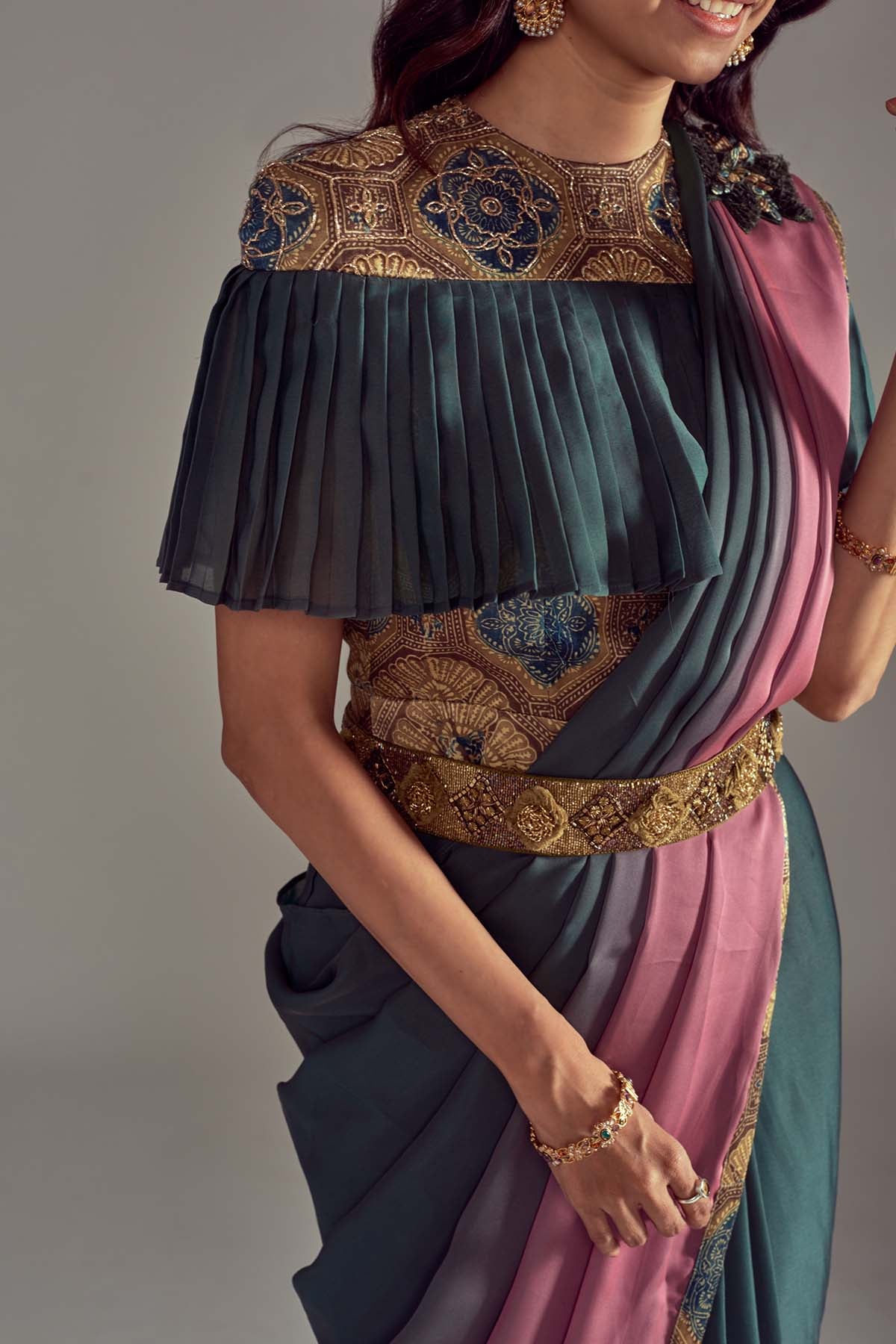 Ajrakh Printed Embroidered Saree Set