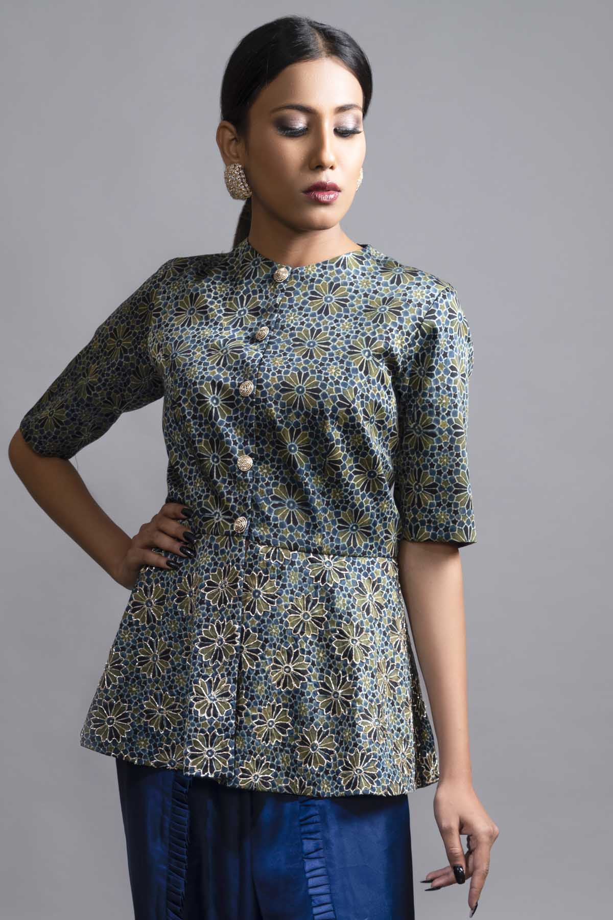 Ajrakh Printed Peplum Top & Dhoti