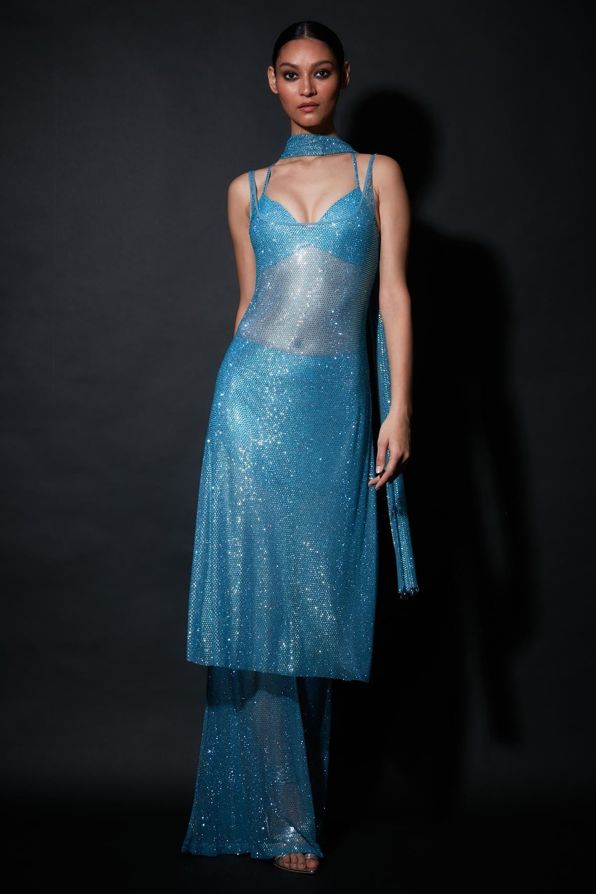 Buy ITRH, Designer Aquamarine Net Kurta Set Online