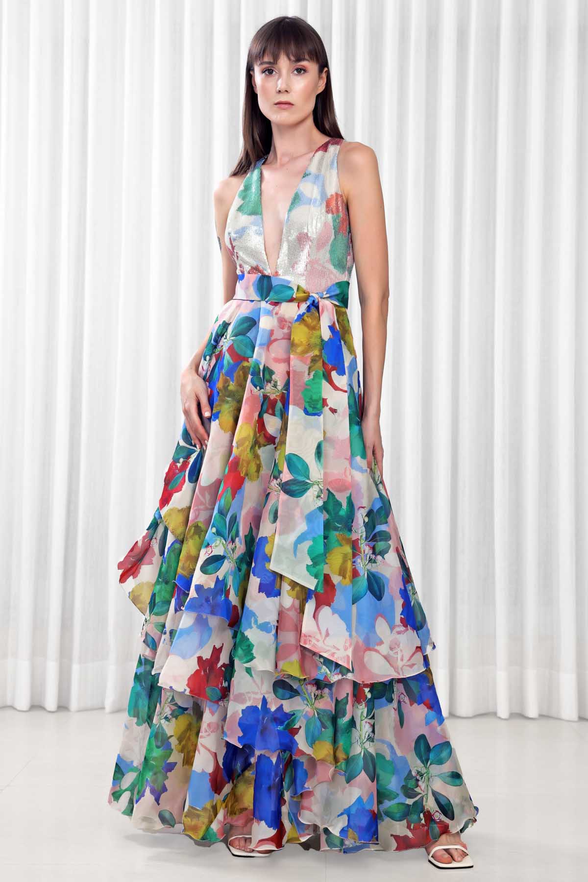 Asymmetric Hibiscus Printed Gown