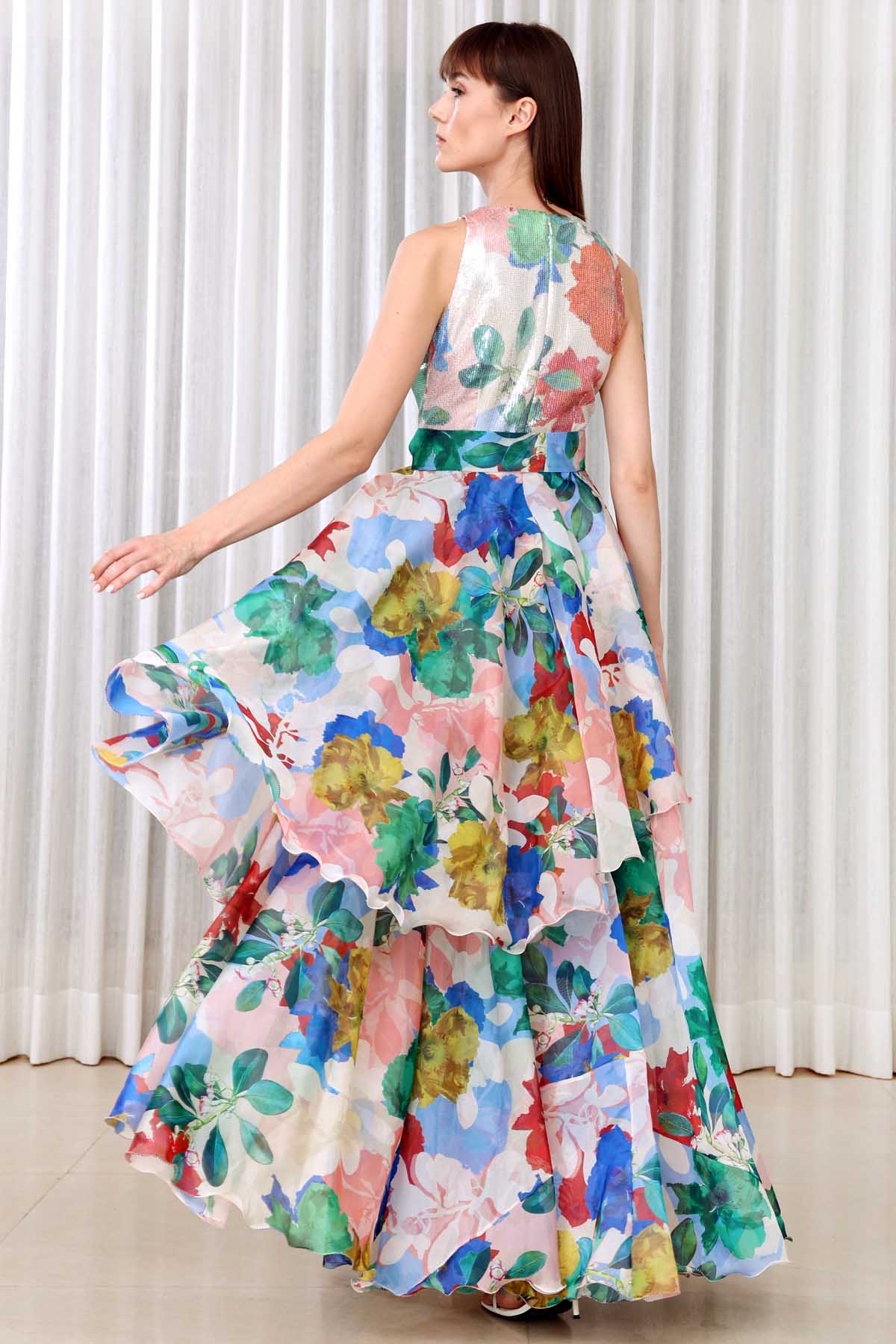 Asymmetric Hibiscus Printed Gown