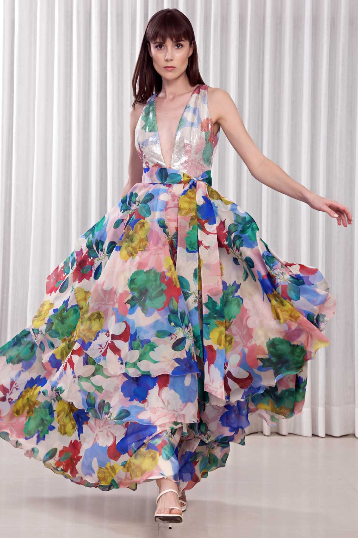 Buy Asymmetric Hibiscus Printed Gown by Mandira Wirk