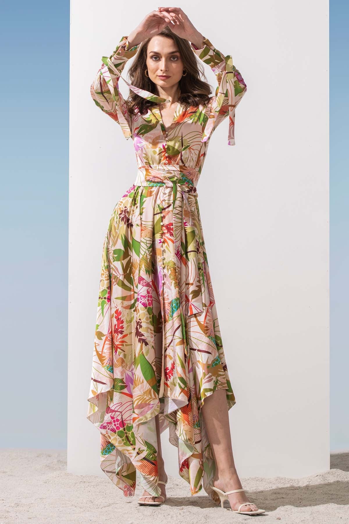 Buy Asymmetric leaf Printed Dress by Mandira Wirk