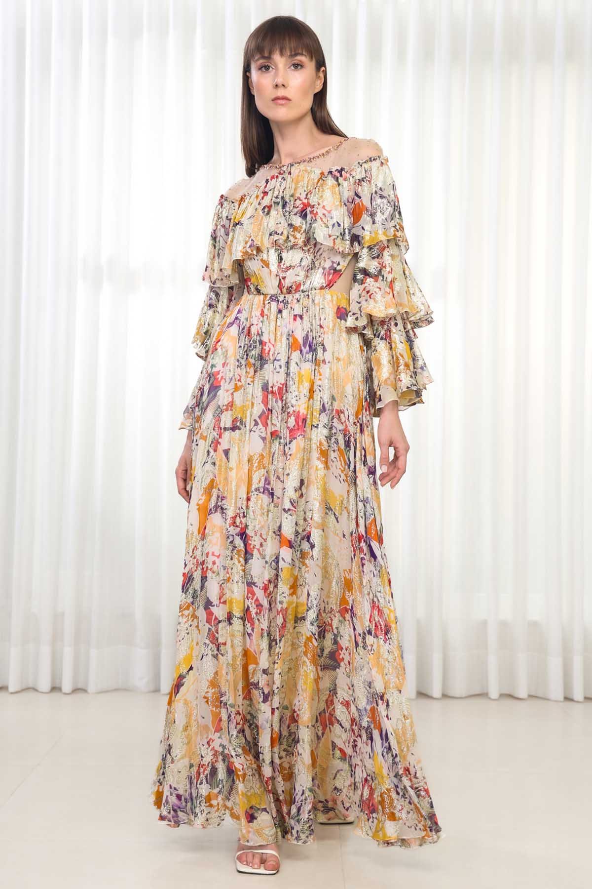 Buy Autumn Leaves Printed Gown by Mandira Wirk