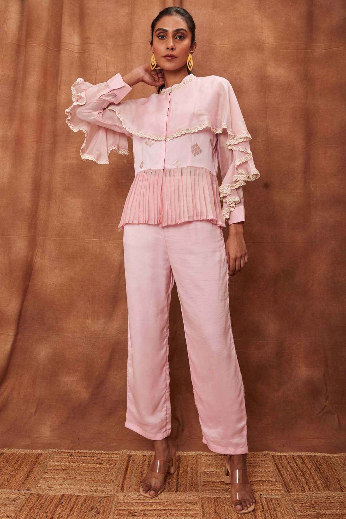 Buy Baby Pink Pintuck Silk Top & Pants for Women Online