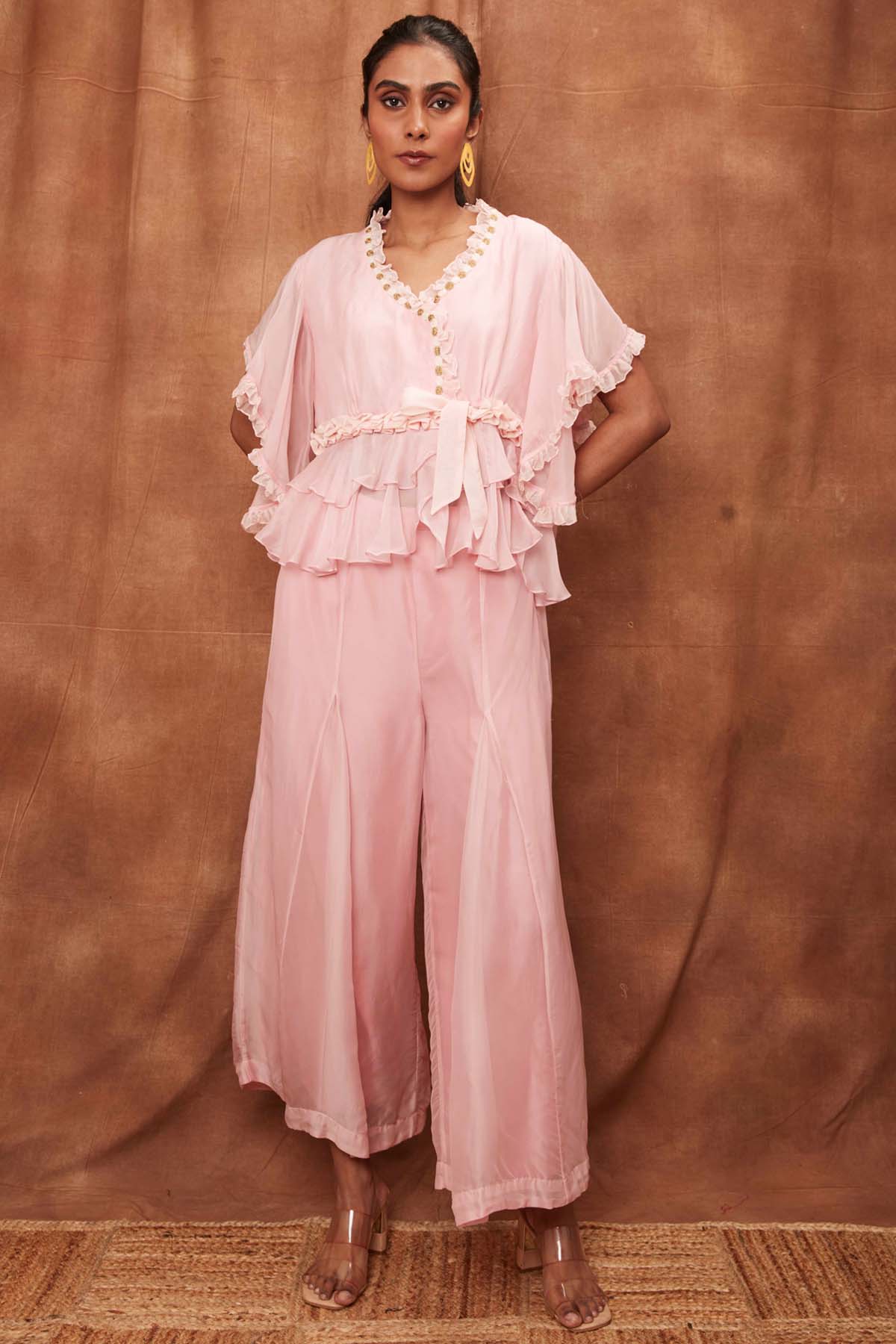 Buy Baby Pink Ruffle Top & Fishcut Pants for Women Online