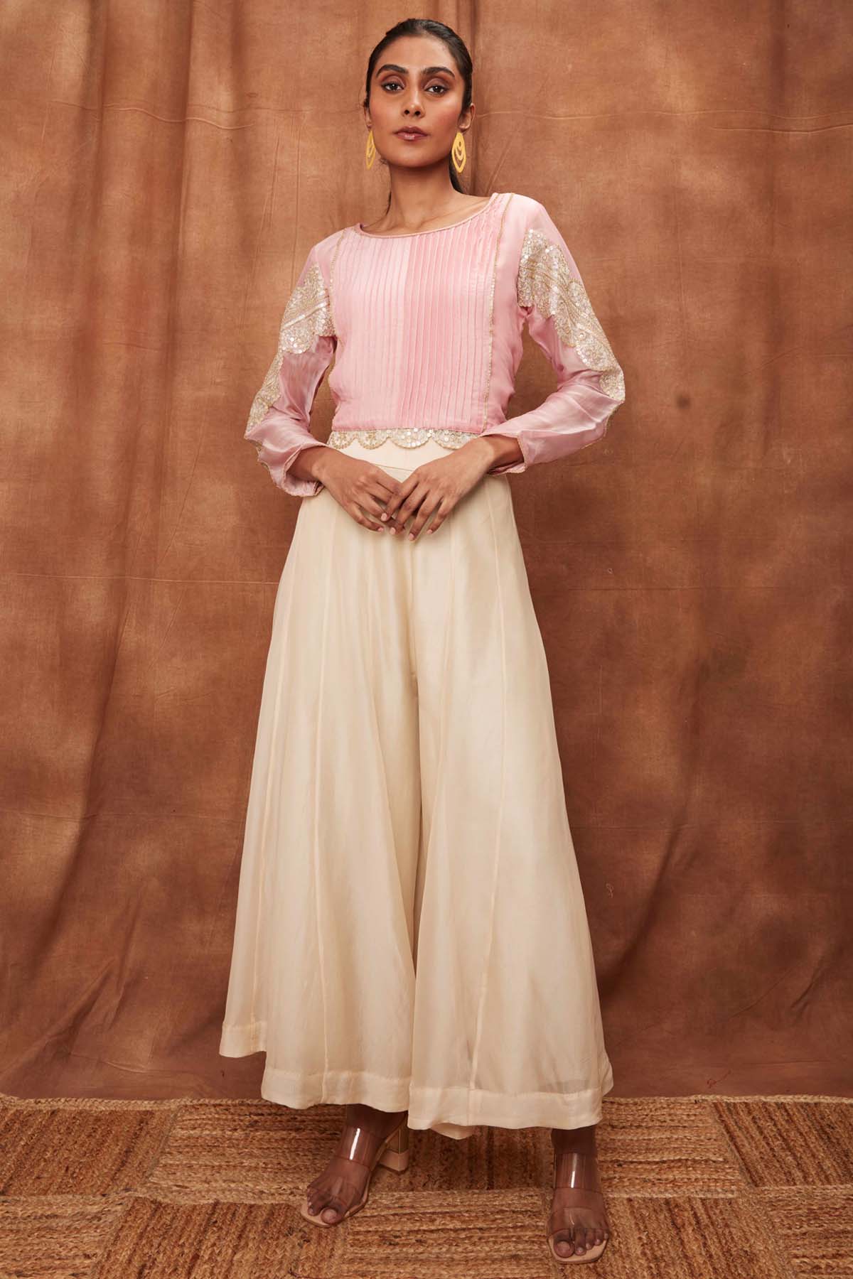 Buy Baby Pink Silk Scallop Top & Pants for Women Online