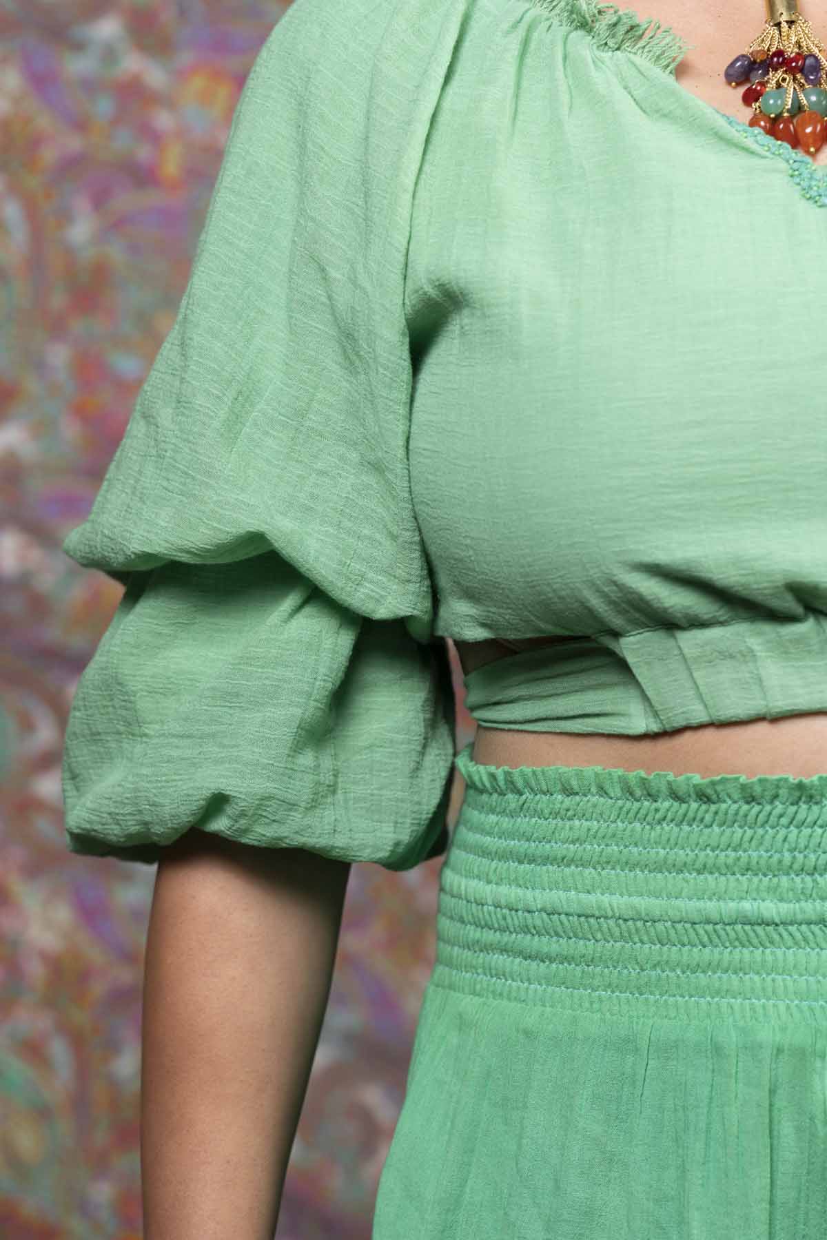 Beaded Balloon Sleeve Crop Top