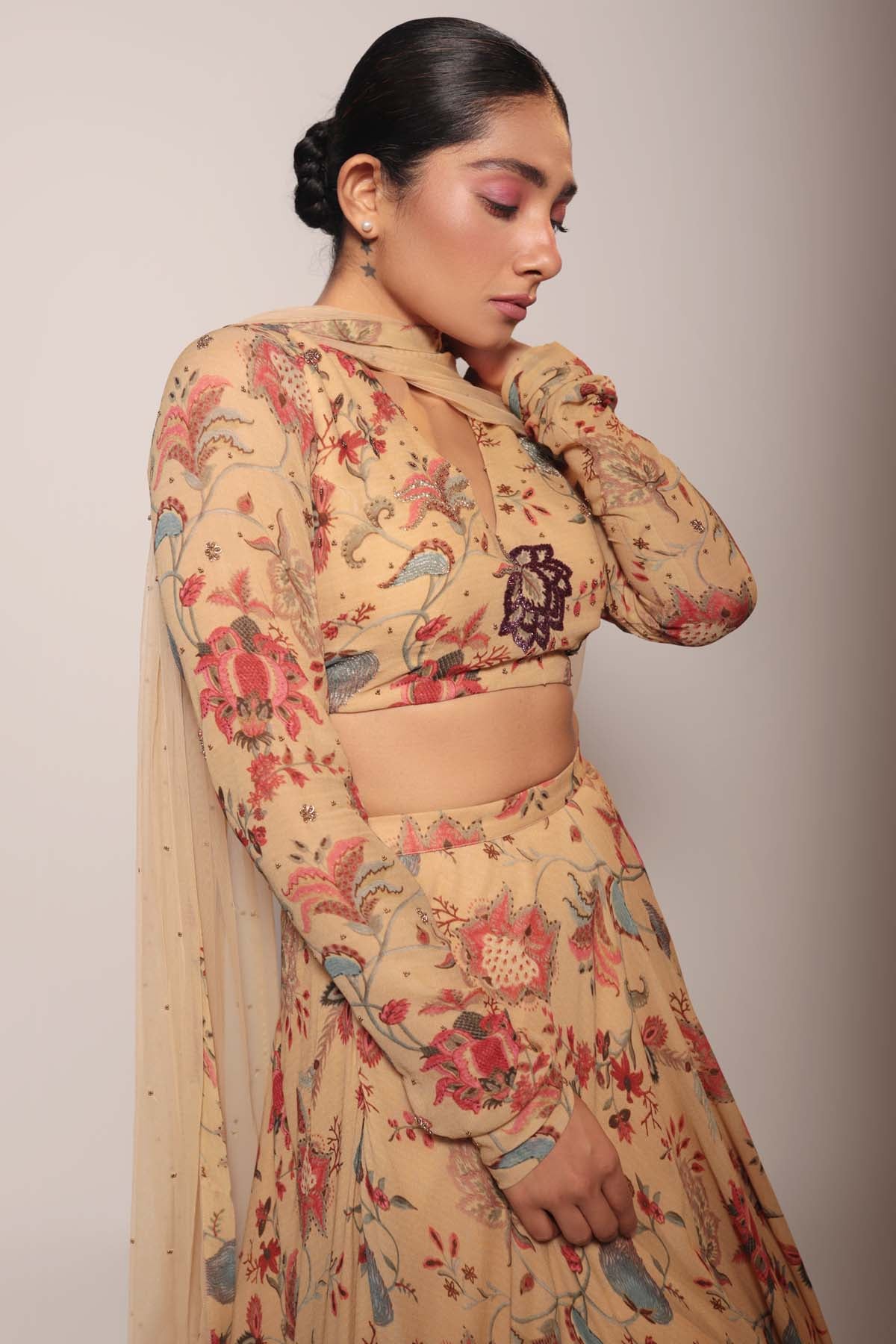 Beige Embroidered Lehenga Set