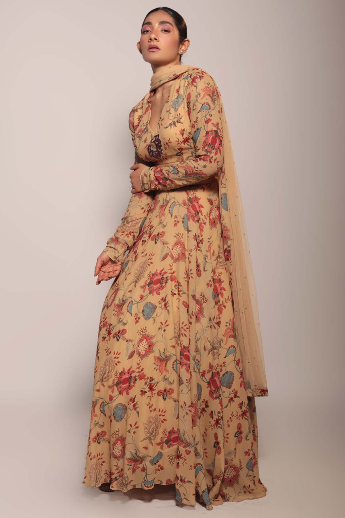 Beige Embroidered Lehenga Set