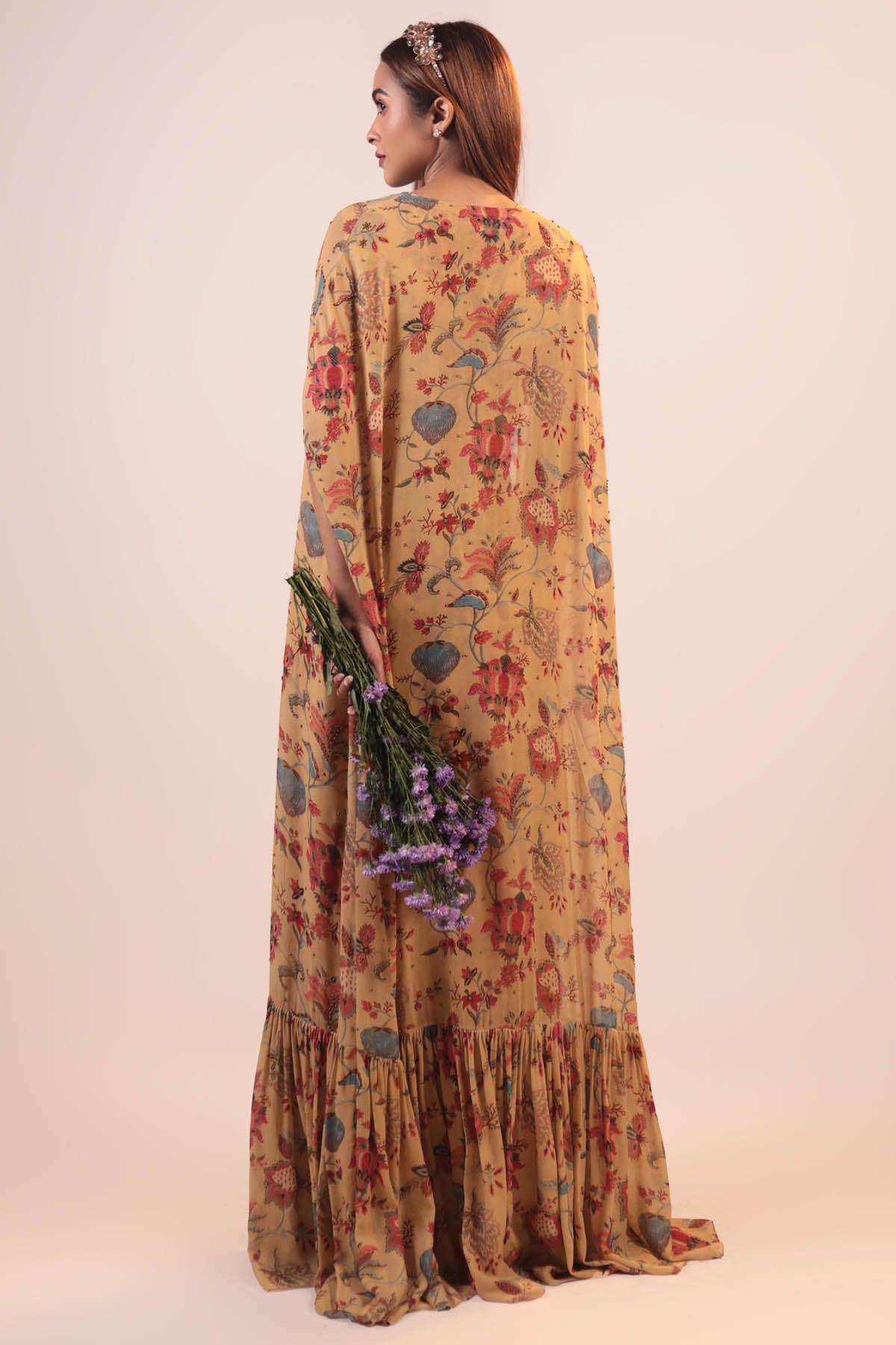 Beige Floral Cape & Pant Set