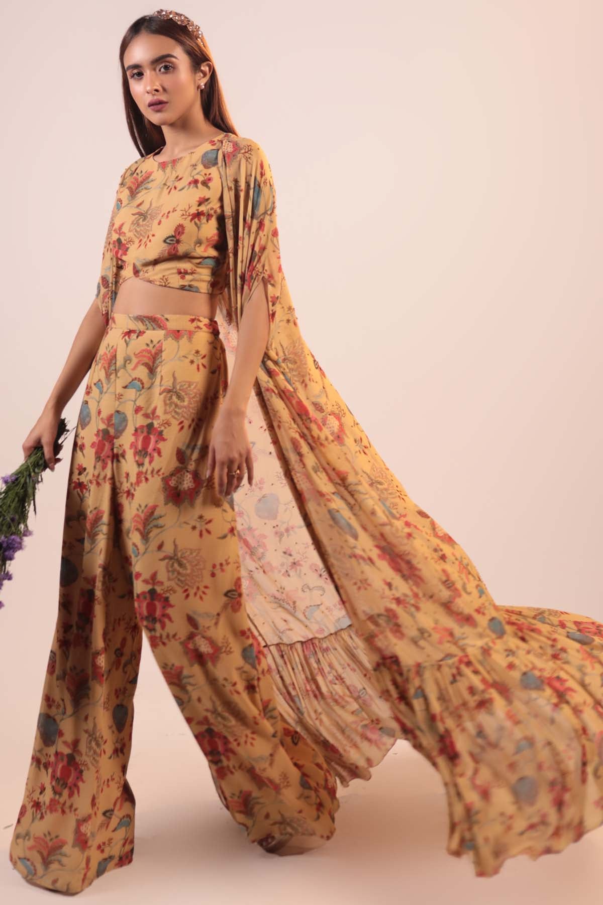 Beige Floral Cape & Pant Set