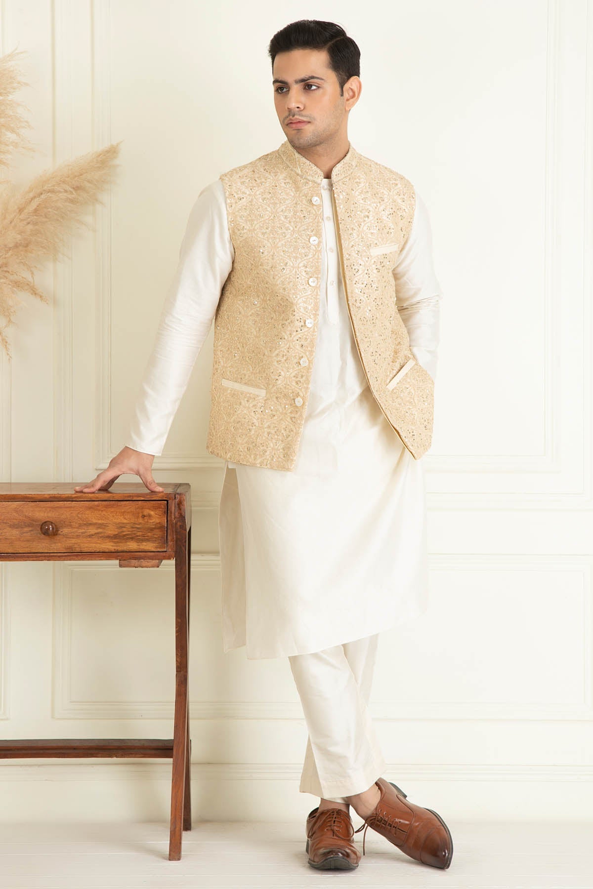 Beige Embroidered Bundi Set