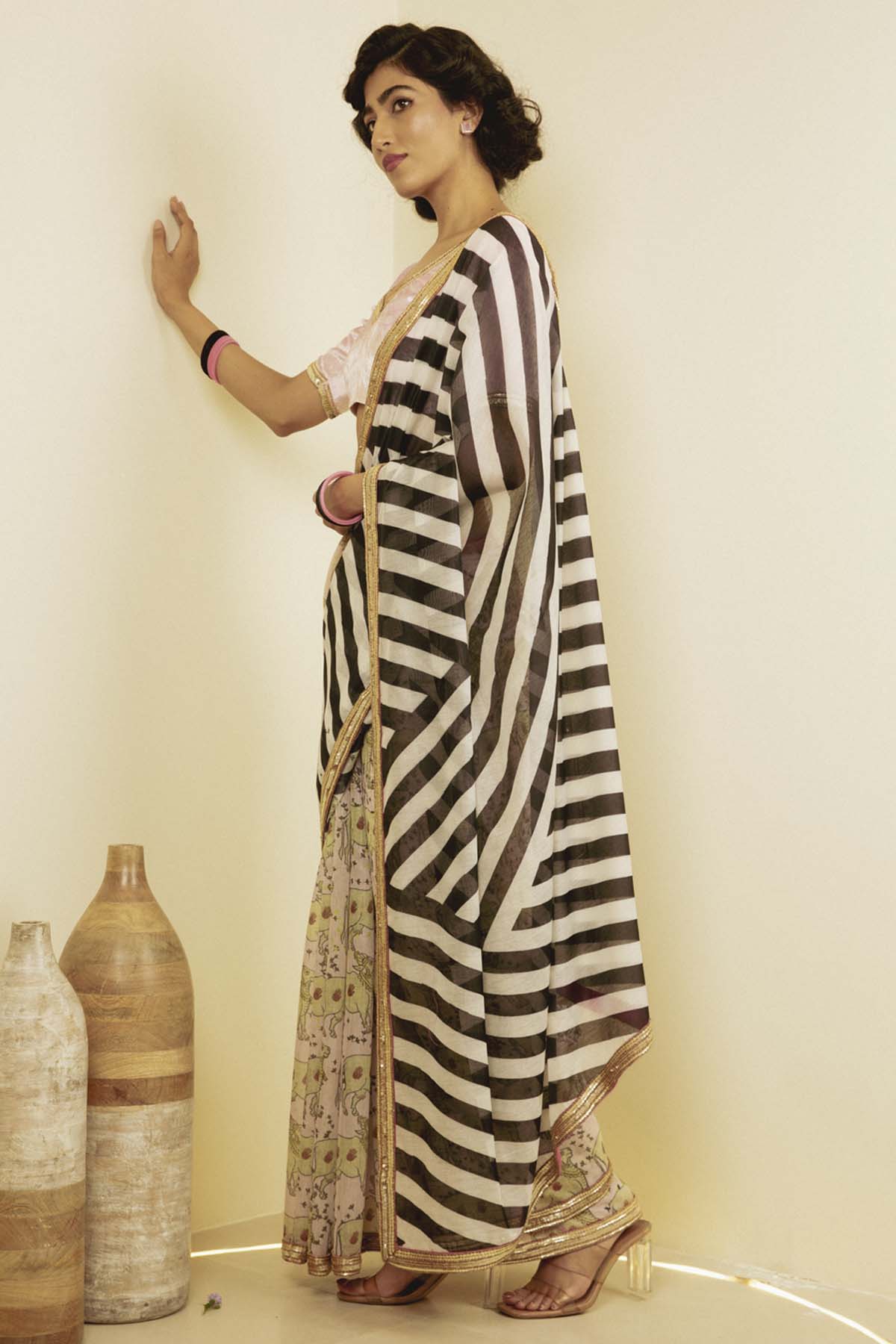 Black Printed Chanderi Saree Set