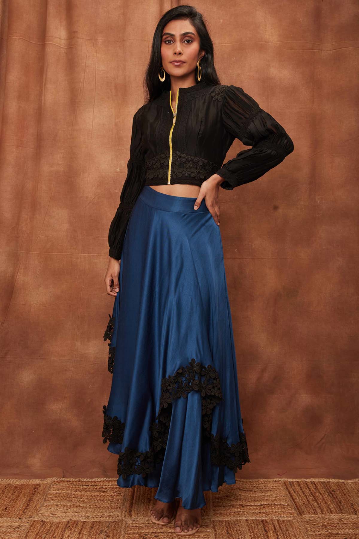 Black Silk Jacket & Laced Skirt