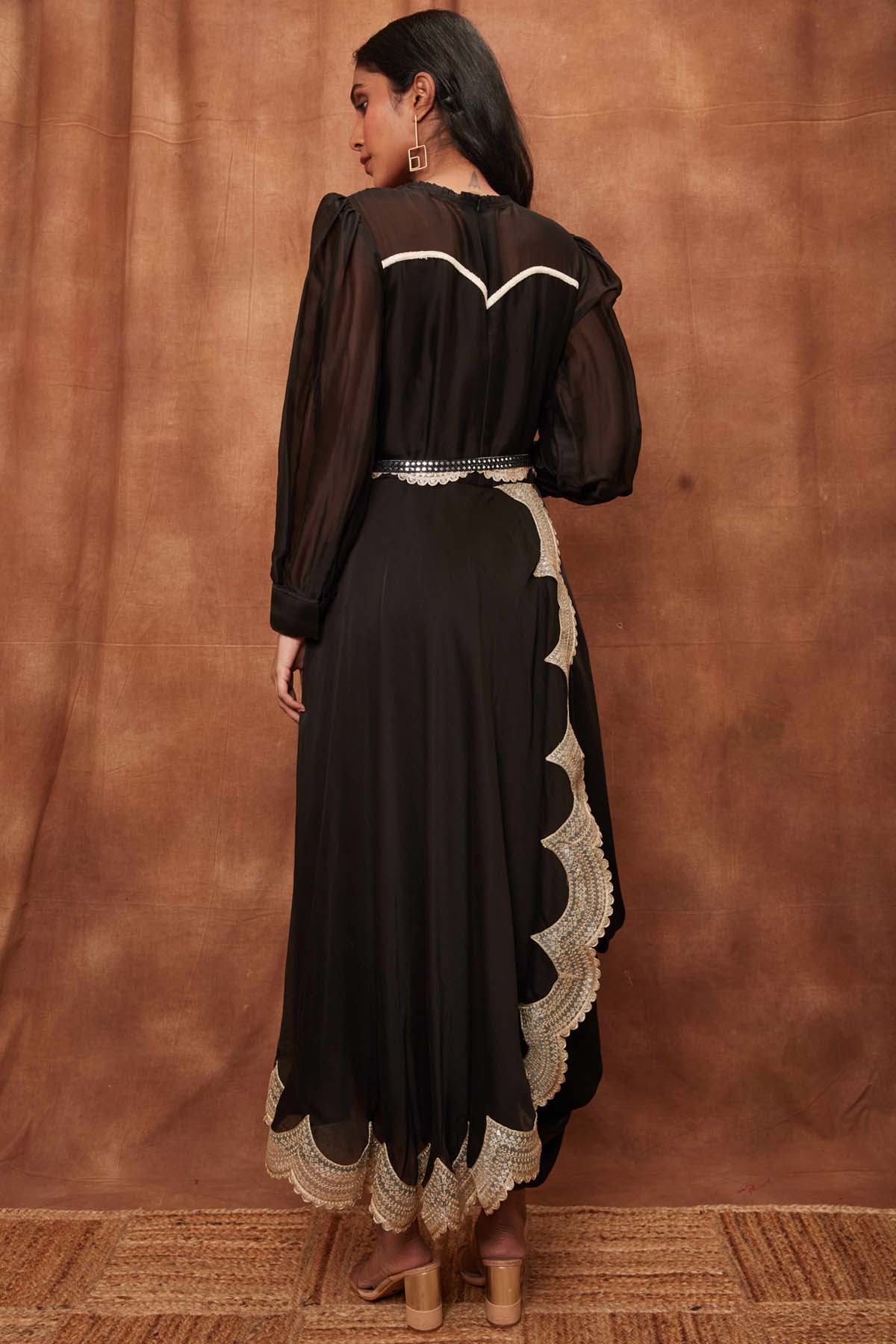 Black Silk Organza Cowled Dress