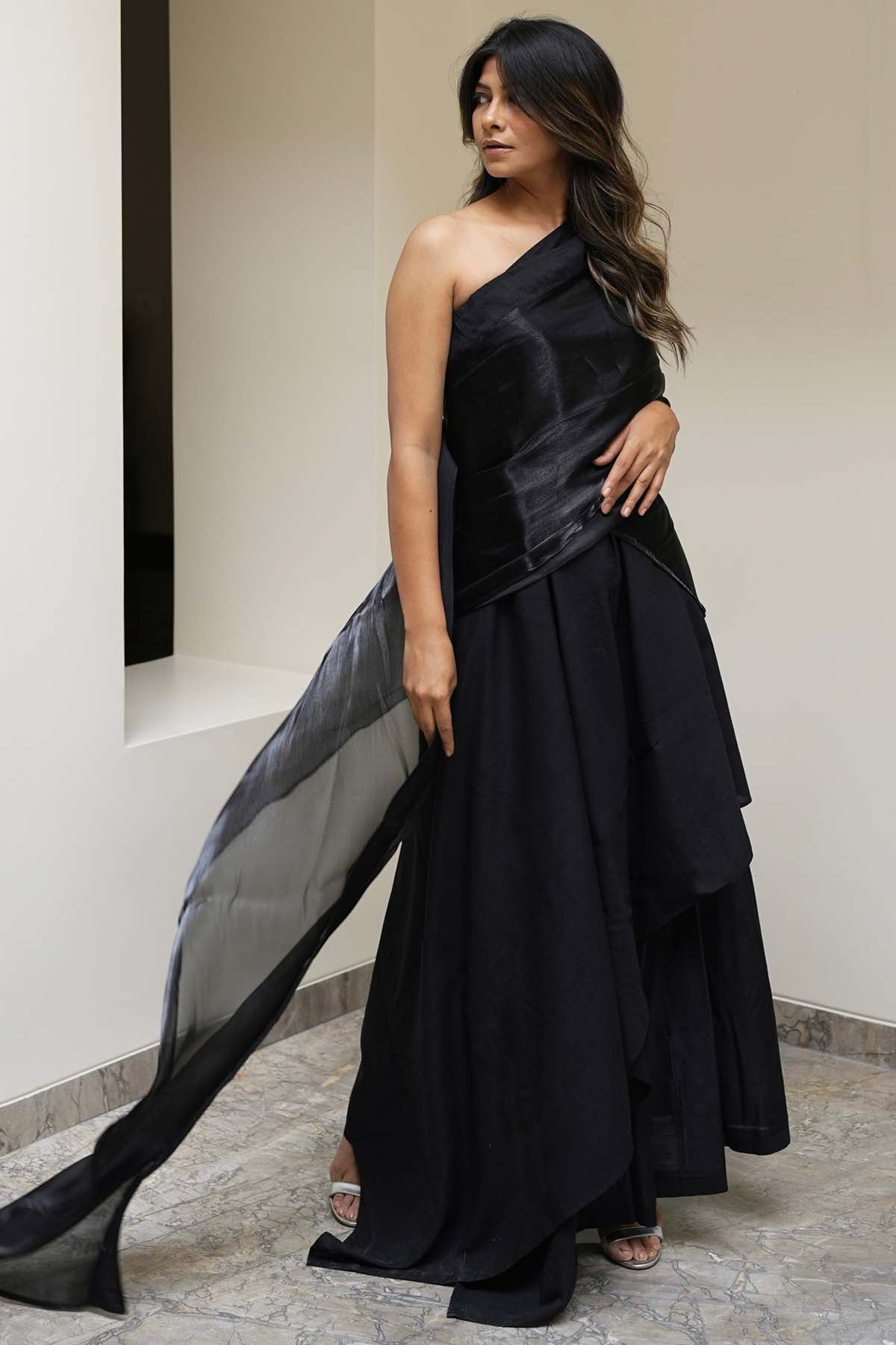 Black Slub Silk Saree Co-ord Set