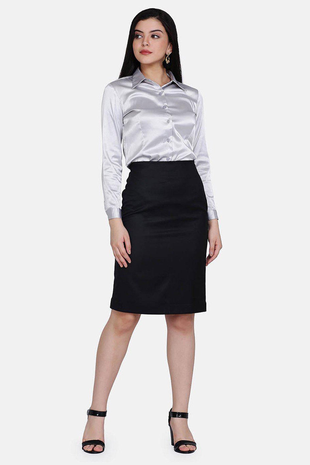 Black Poly Cotton Straight Skirt