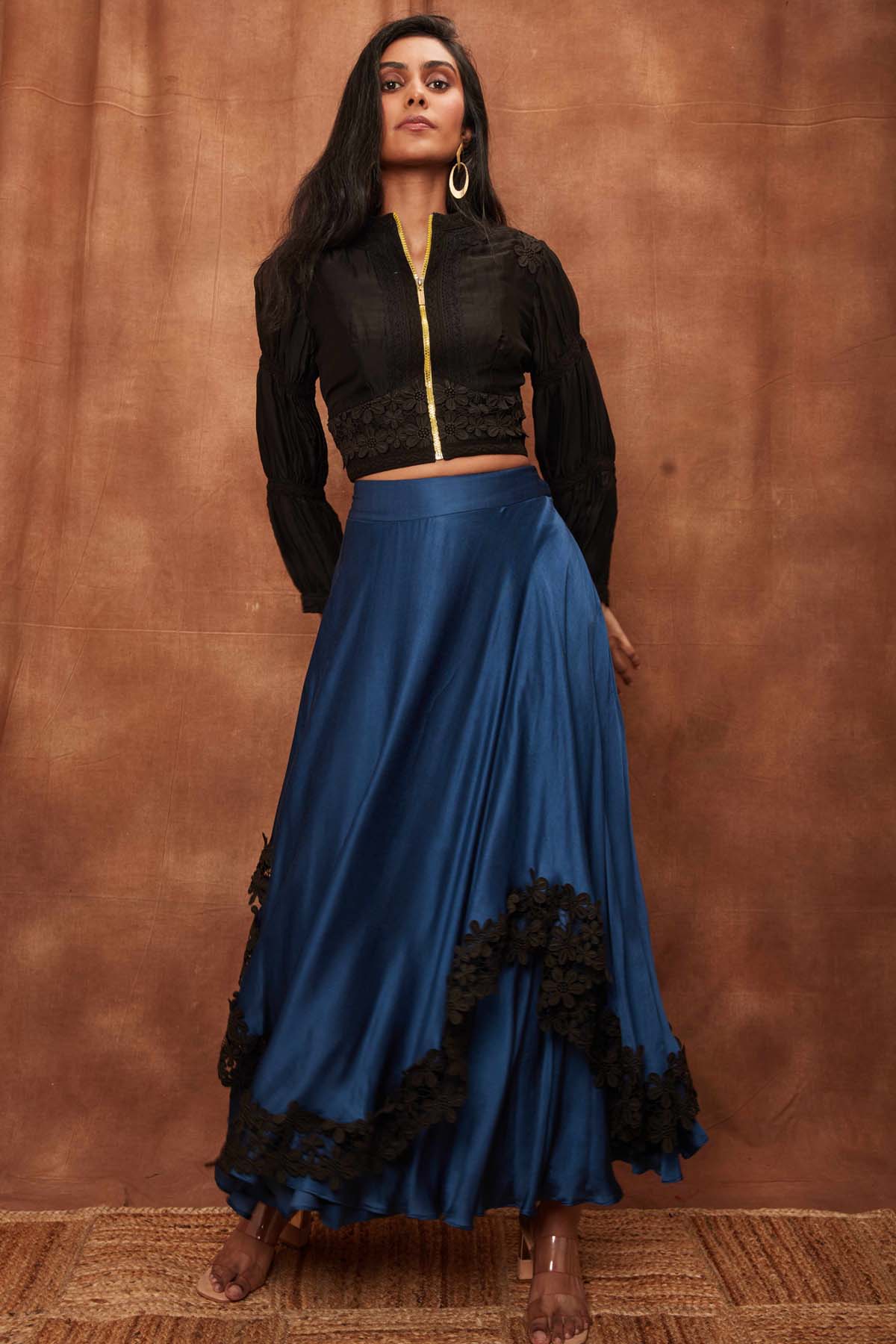 Buy Black Silk Jacket & Laced Skirt for Women Online