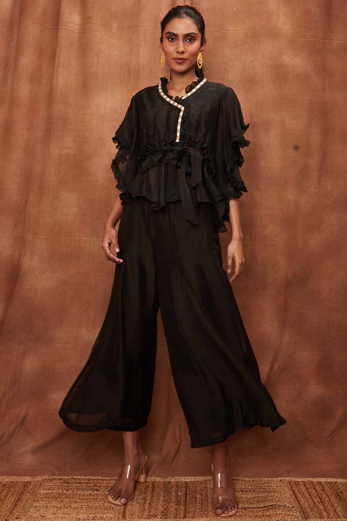 Buy Black Silk Ruffle Top & Fishcut Pants for Women Online