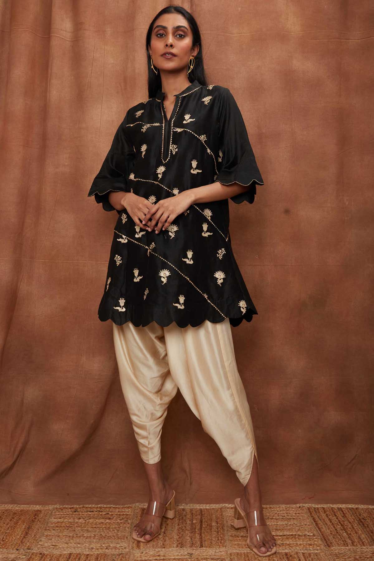 Buy Black Silk Scalloped Kurta & Dhoti for Women Online