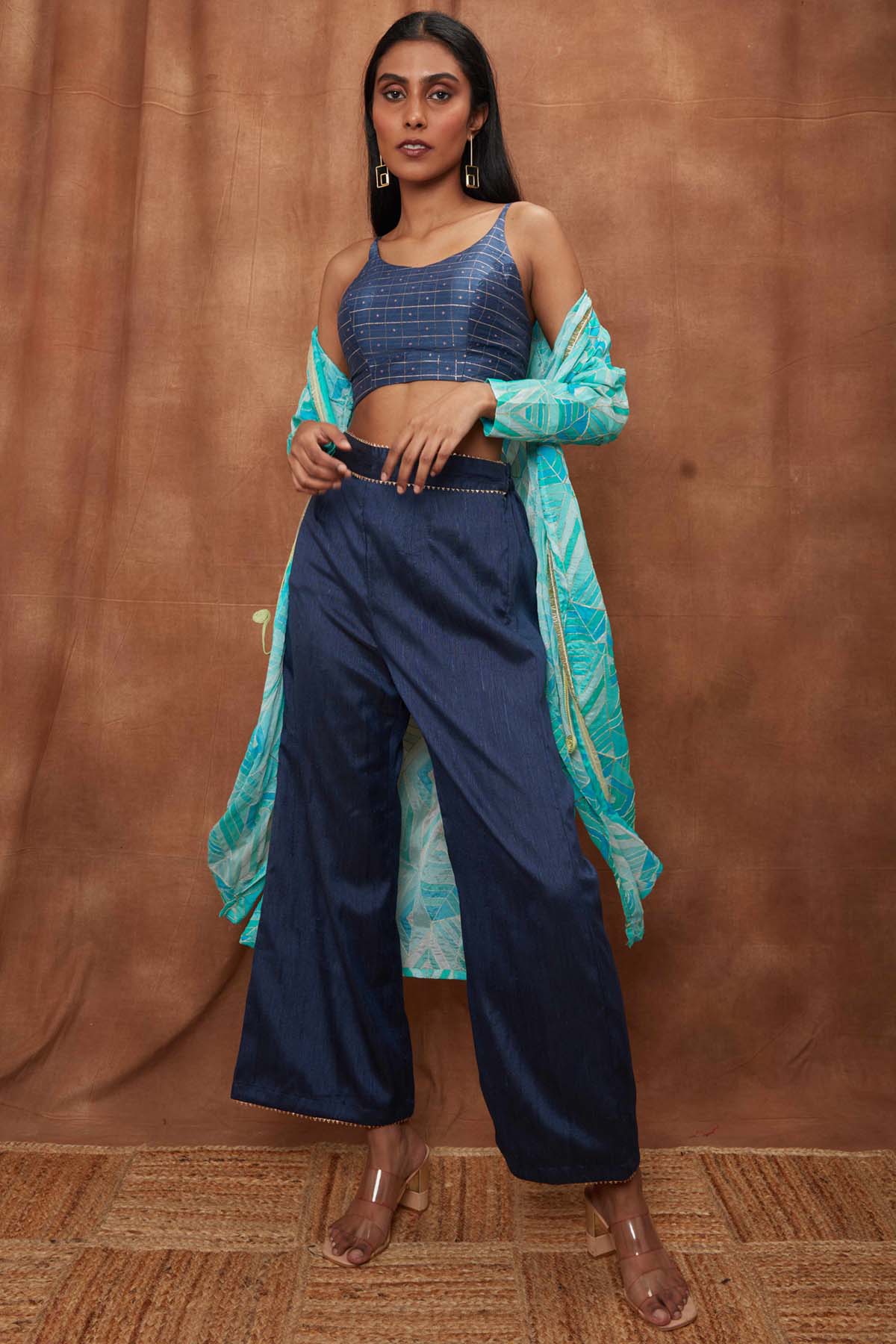 Blue Jacket With Bootcut Pant Set