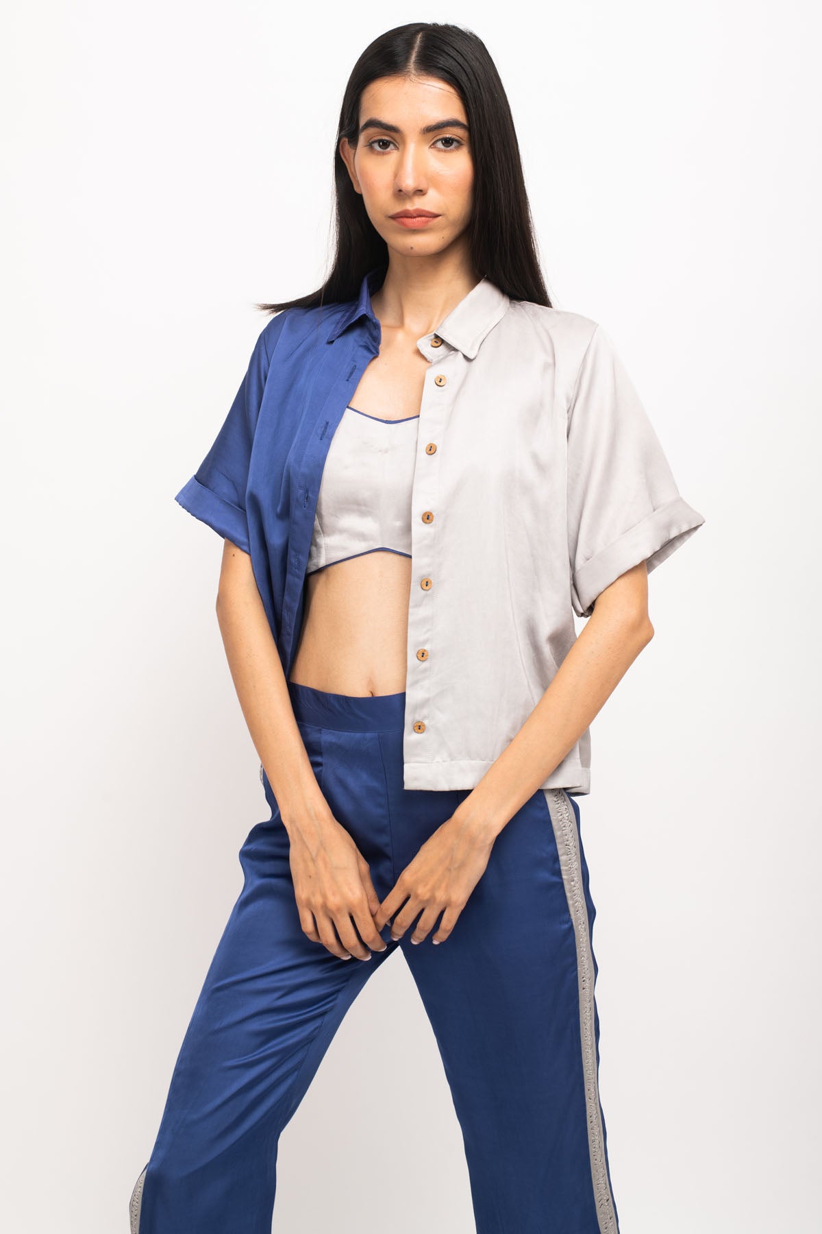 Blue & Grey Color Blocked Co-ord Set