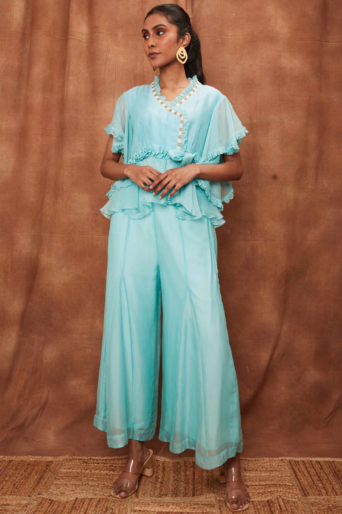 Buy Blue Silk Ruffle Top & Fishcut Pants for Women Online