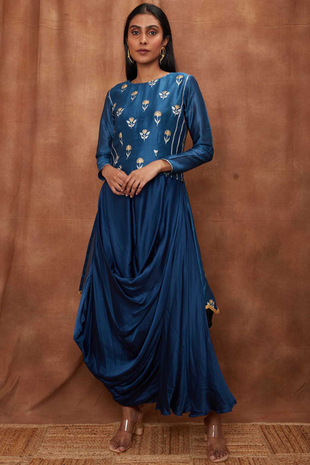 Buy Blue Silk Scalloped Top & Cowl Dress for Women Online