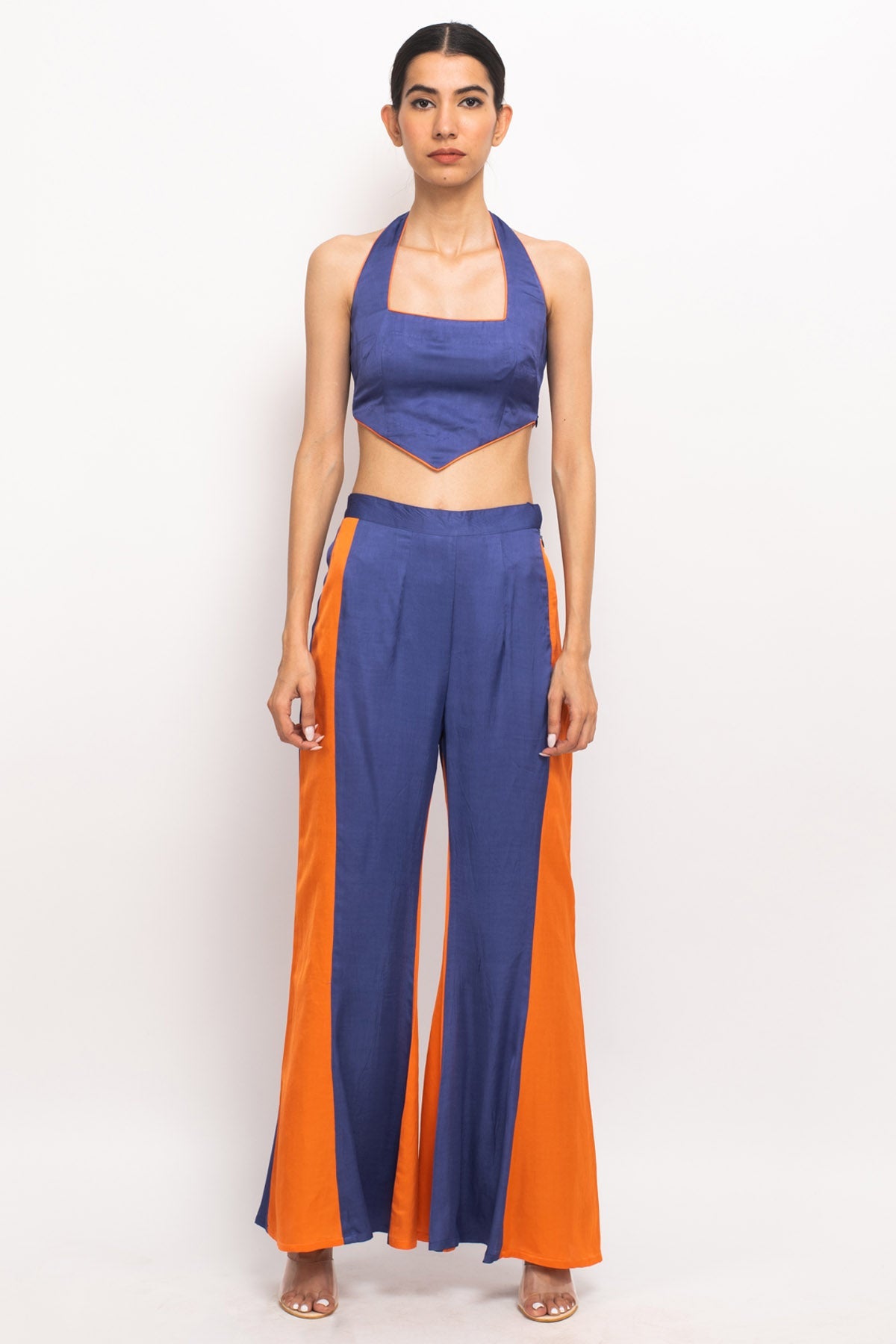 Buy Neora by Nehal ChopraBlue & Orange Color Blocked Co-ord Set for Women Online