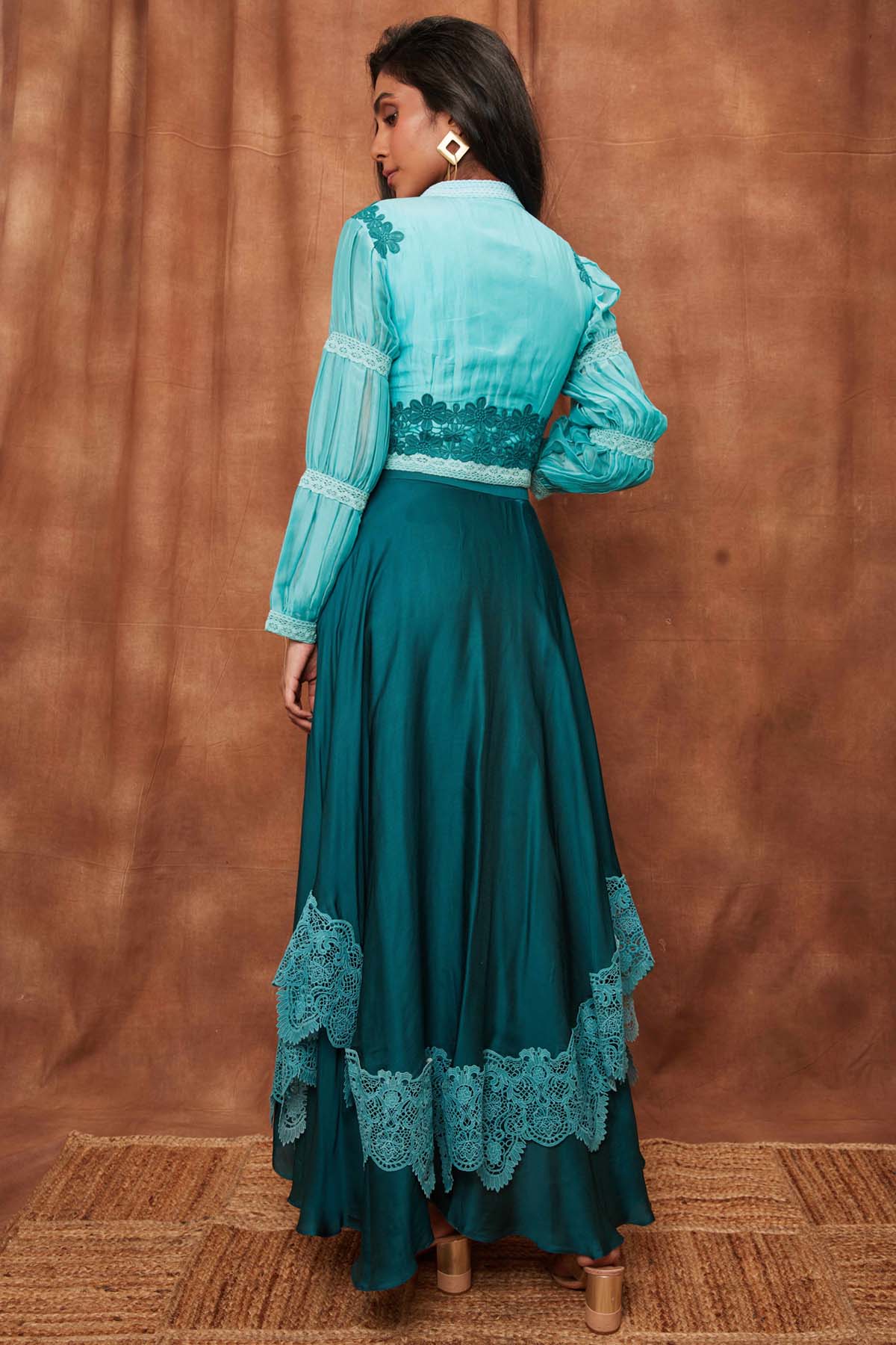 Bottle Green Silk Jacket & Laced Skirt