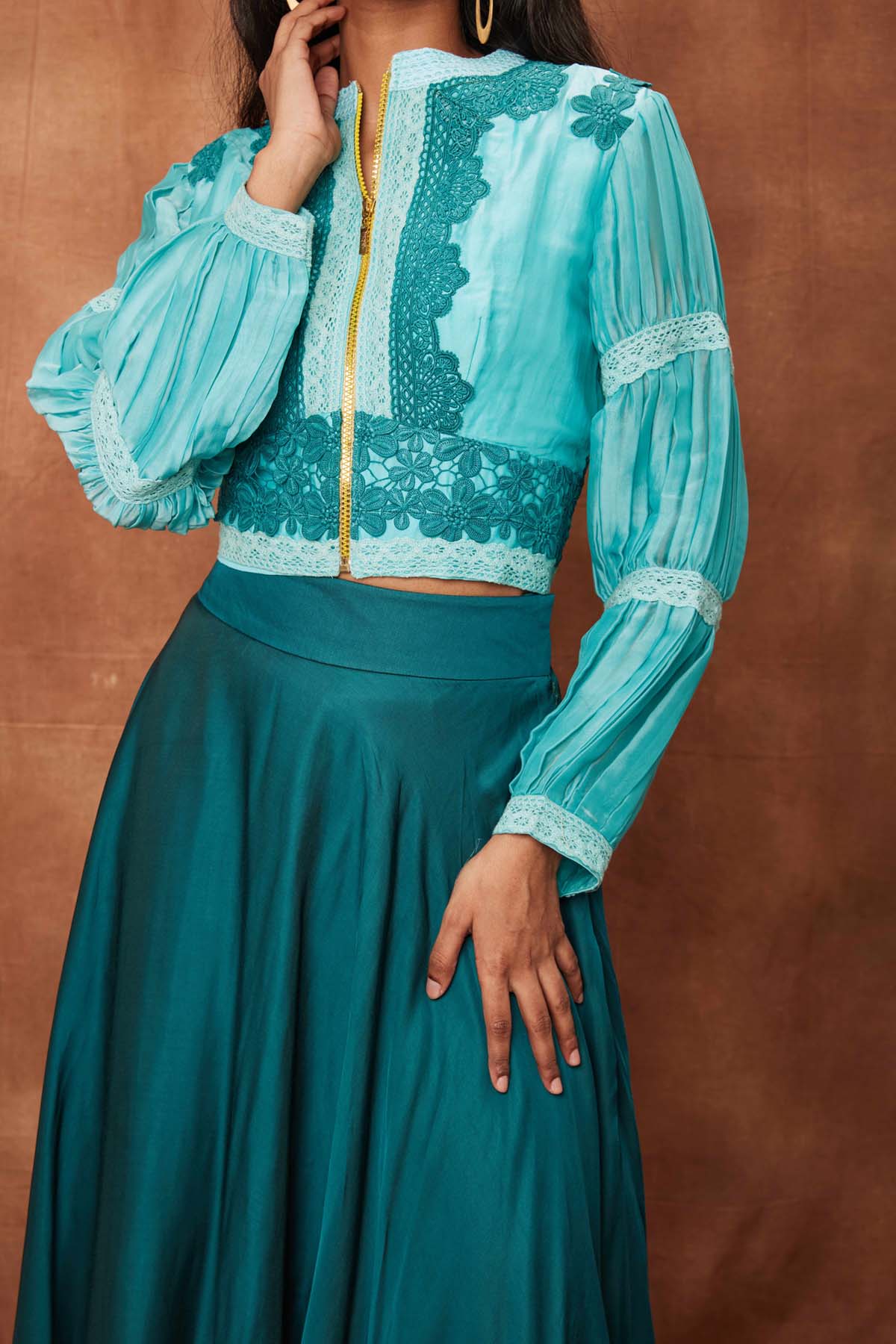 Bottle Green Silk Jacket & Laced Skirt