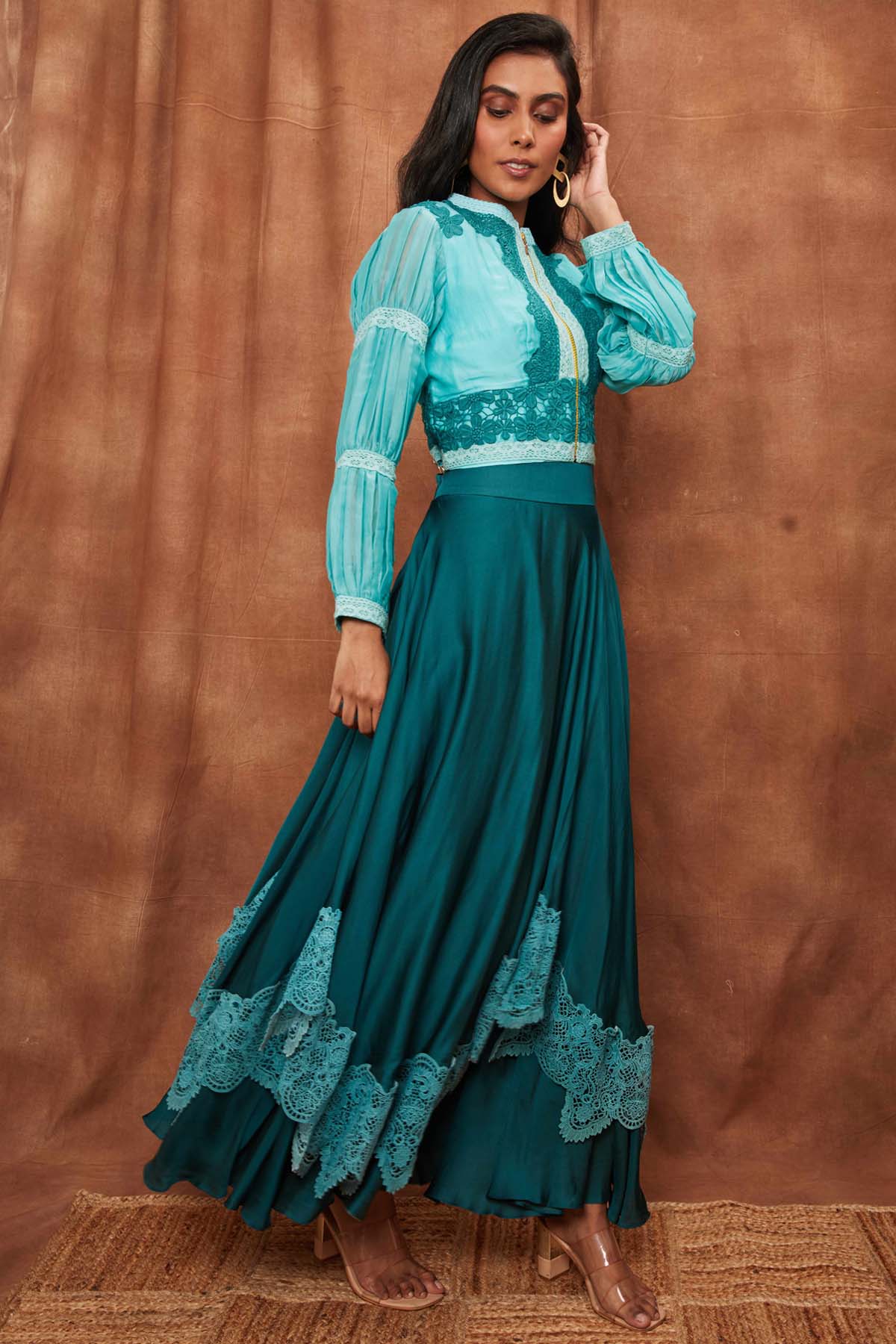 Bottle Green Silk Jacket & Laced Skirt