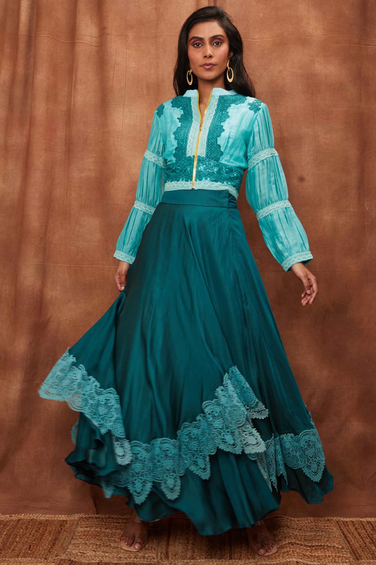 Bottle Green Silk Jacket & Laced Skirt