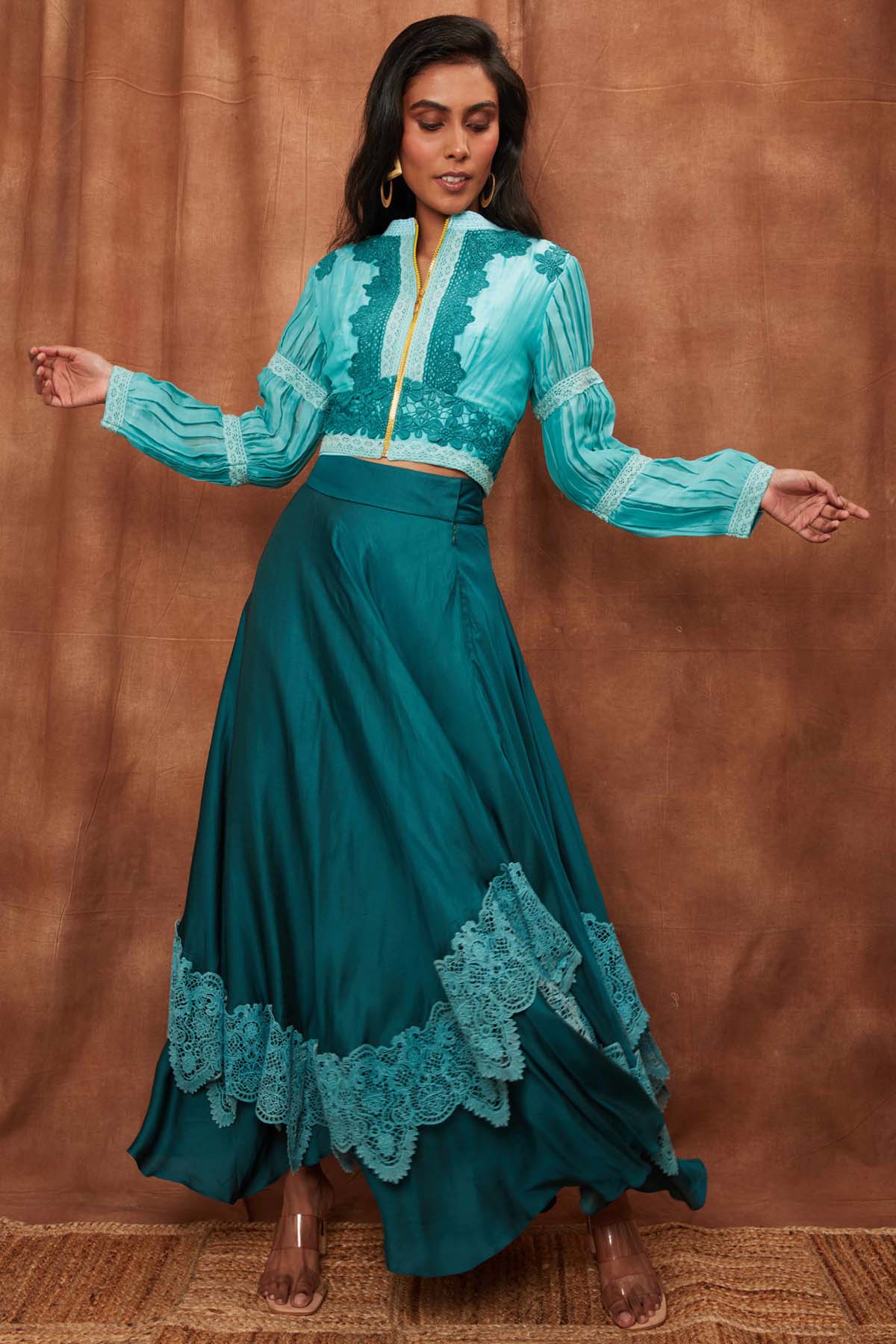 Buy Bottle Green Silk Jacket & Laced Skirt for Women Online