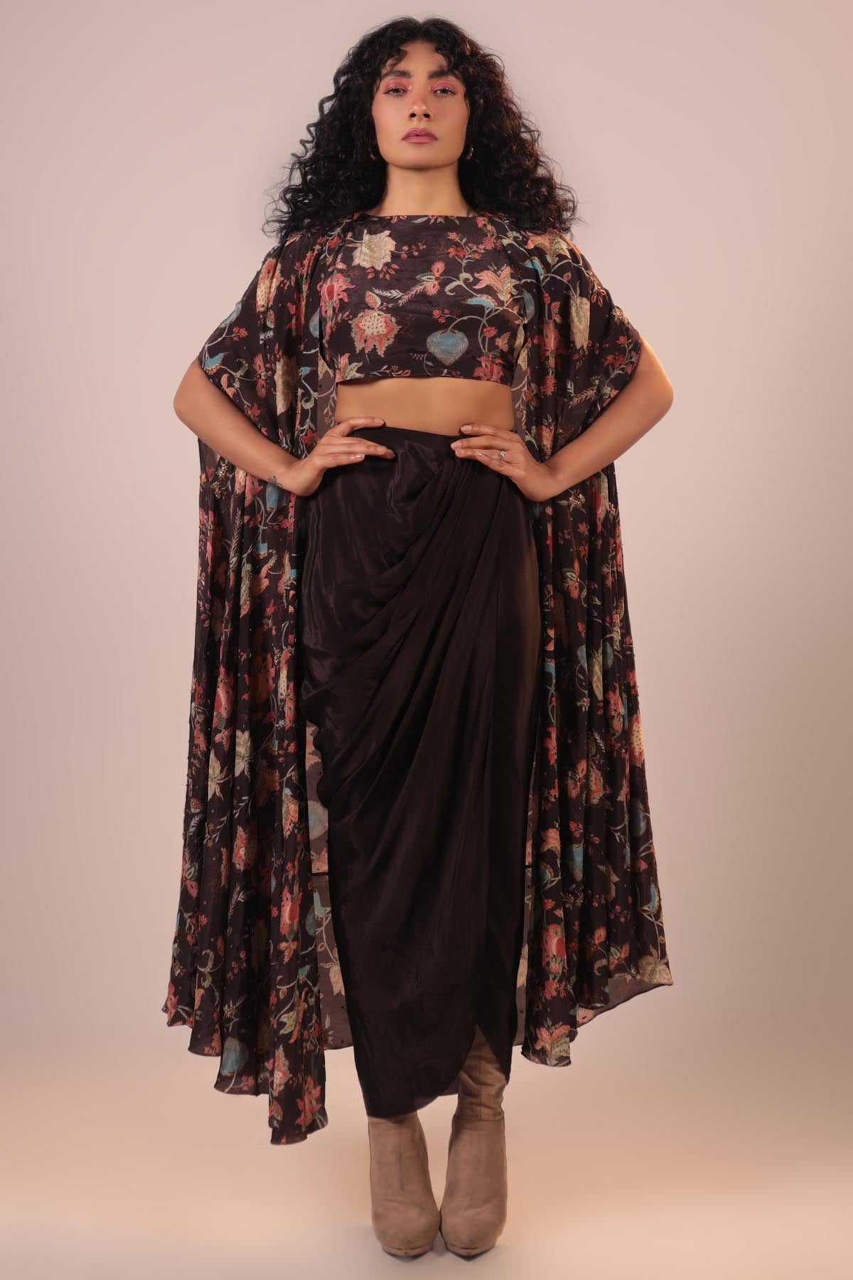 Brown Floral Cape & Skirt Set