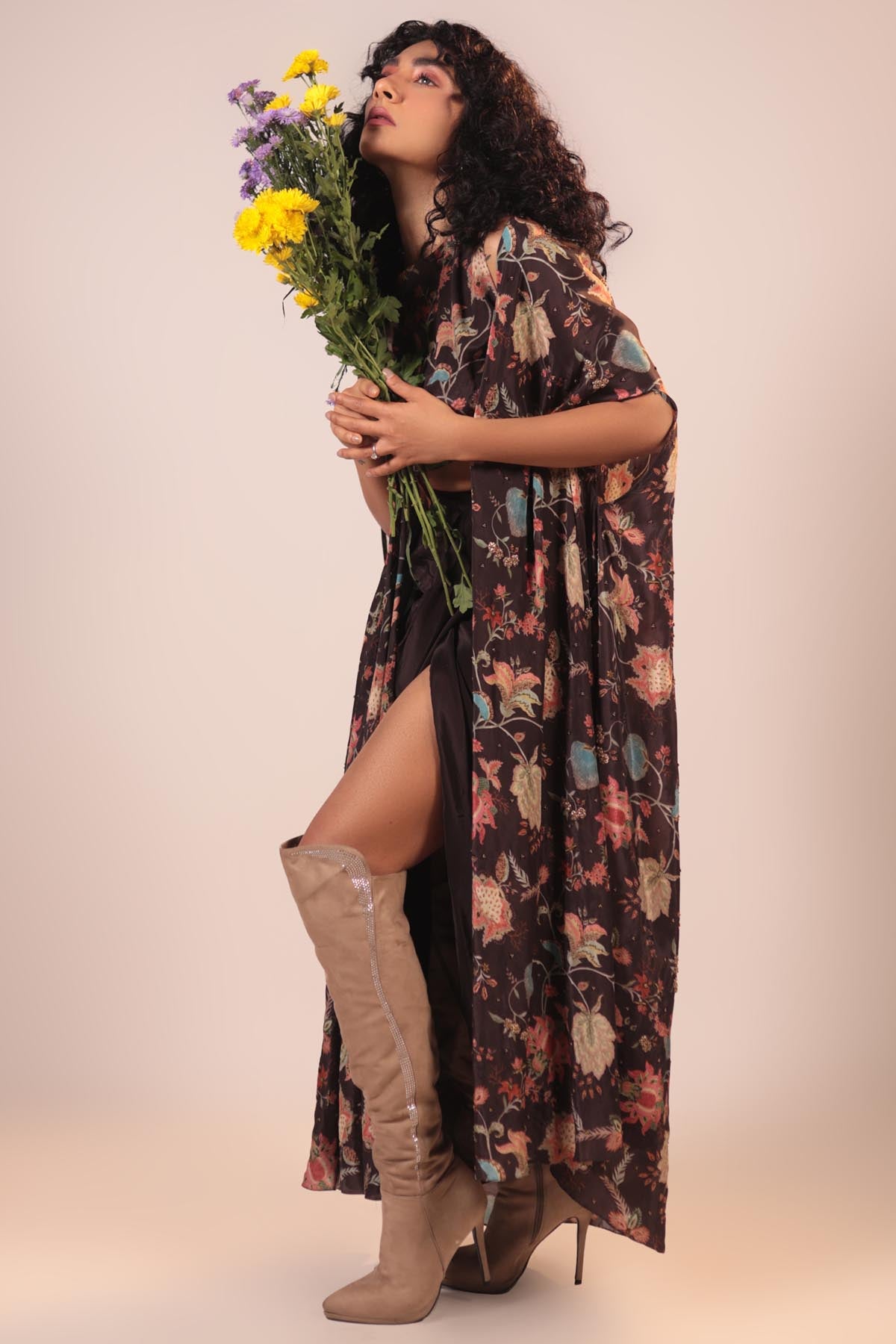 Brown Floral Cape & Skirt Set