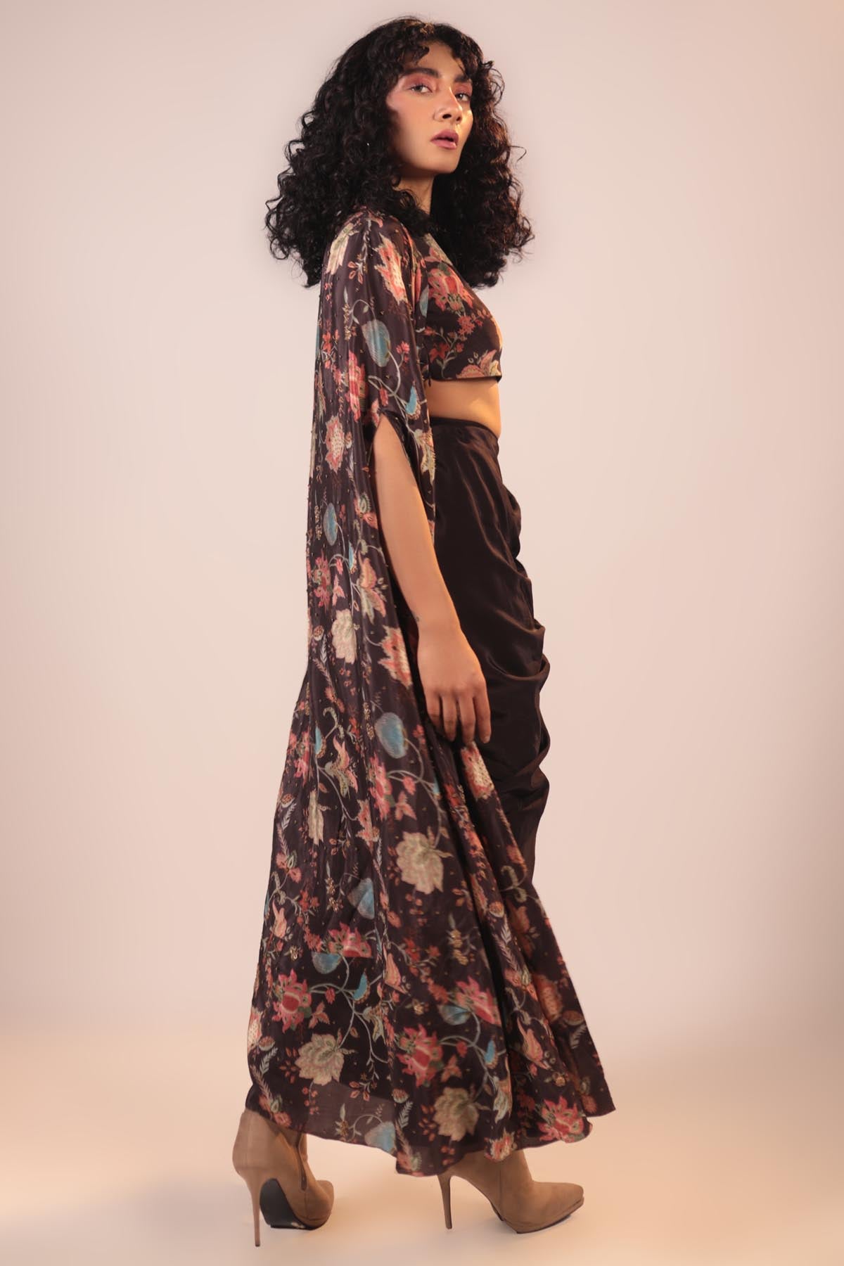 Brown Floral Cape & Skirt Set