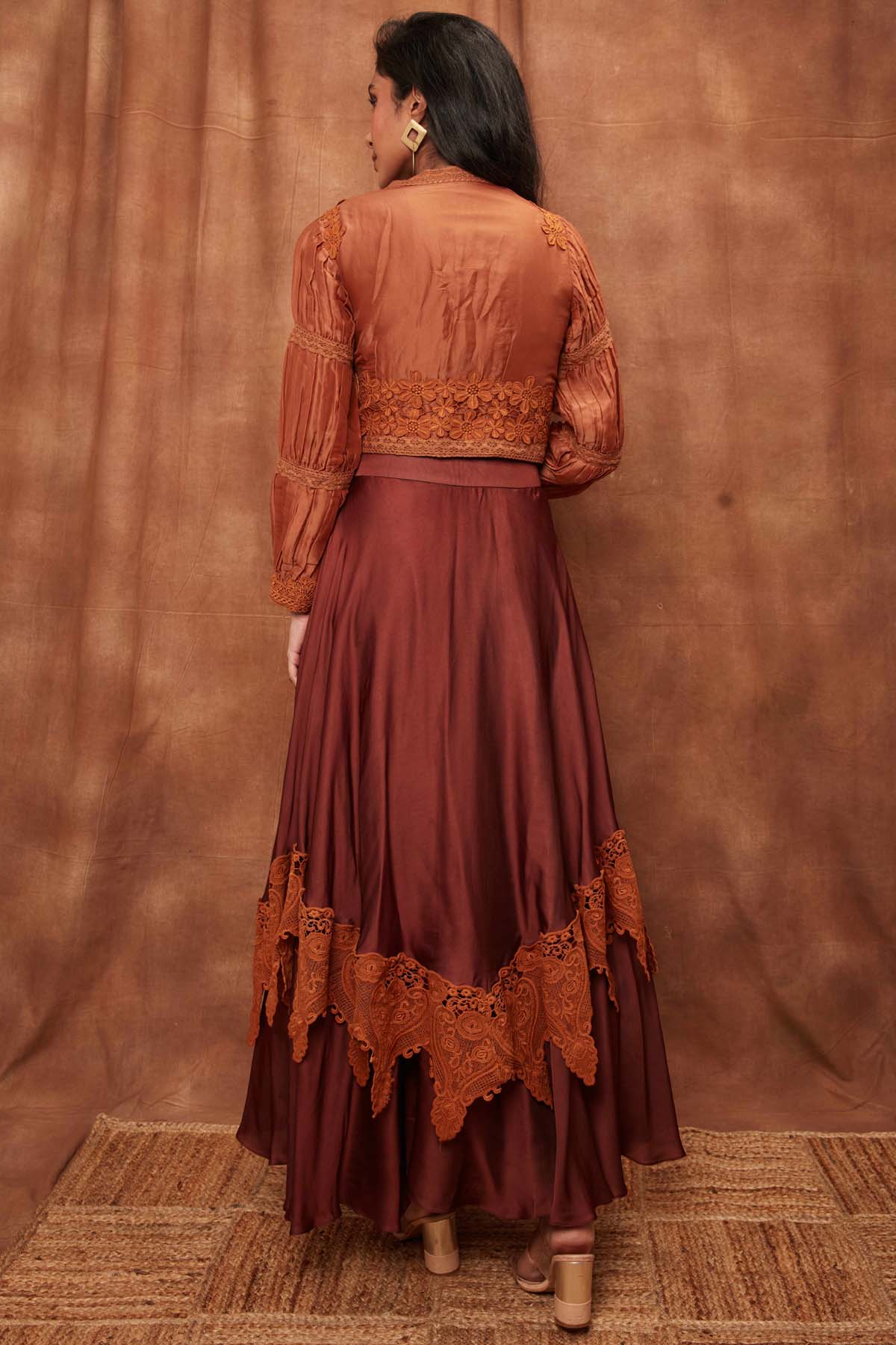 Brown Silk Jacket & Laced Skirt