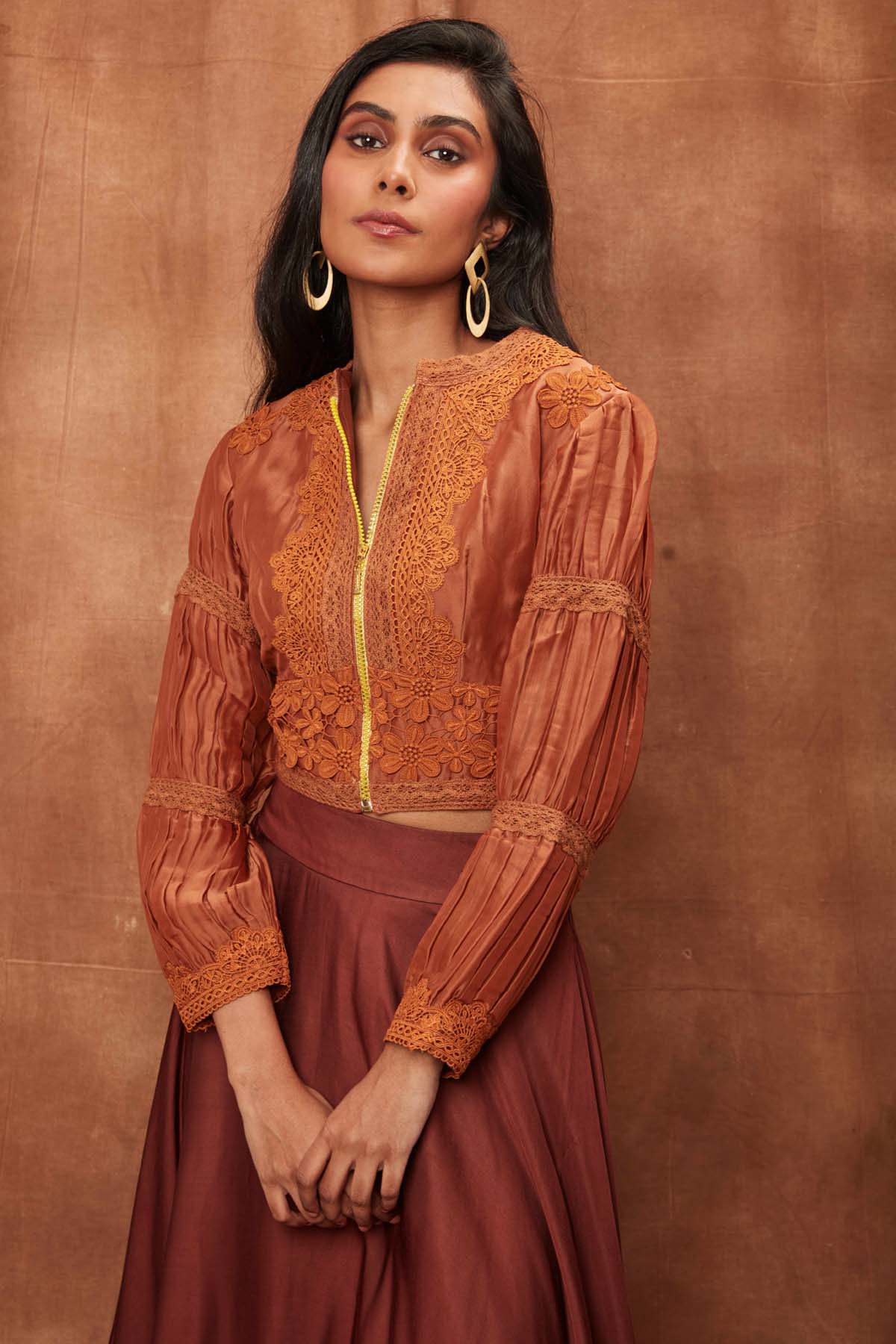 Brown Silk Jacket & Laced Skirt