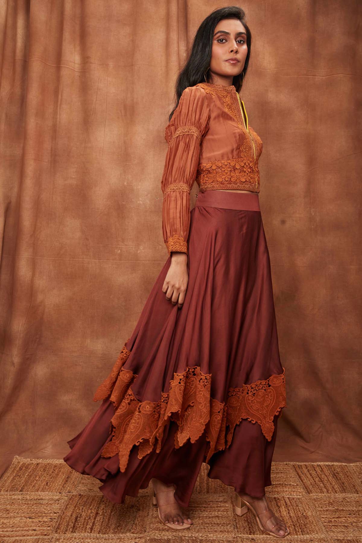 Brown Silk Jacket & Laced Skirt