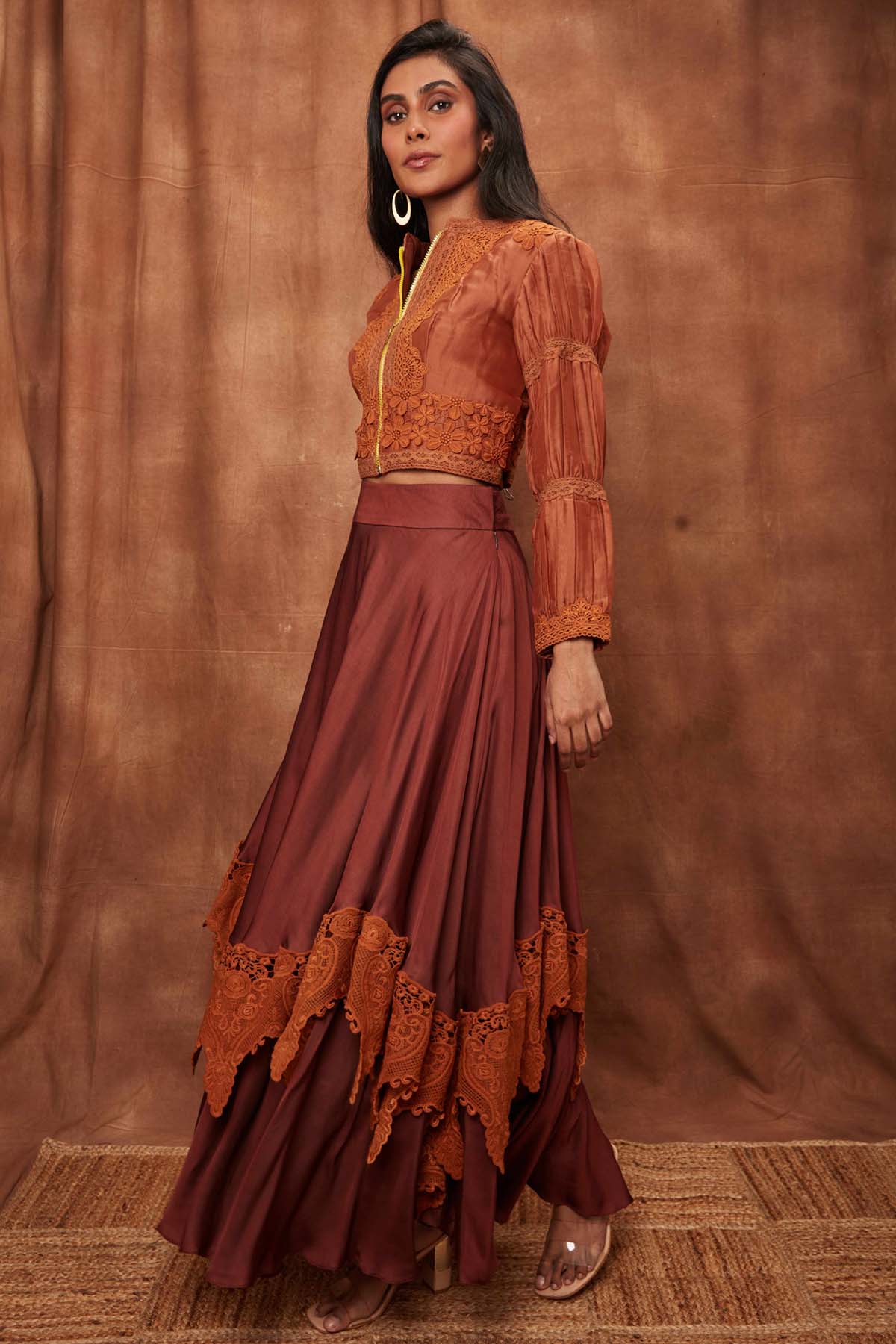 Brown Silk Jacket & Laced Skirt