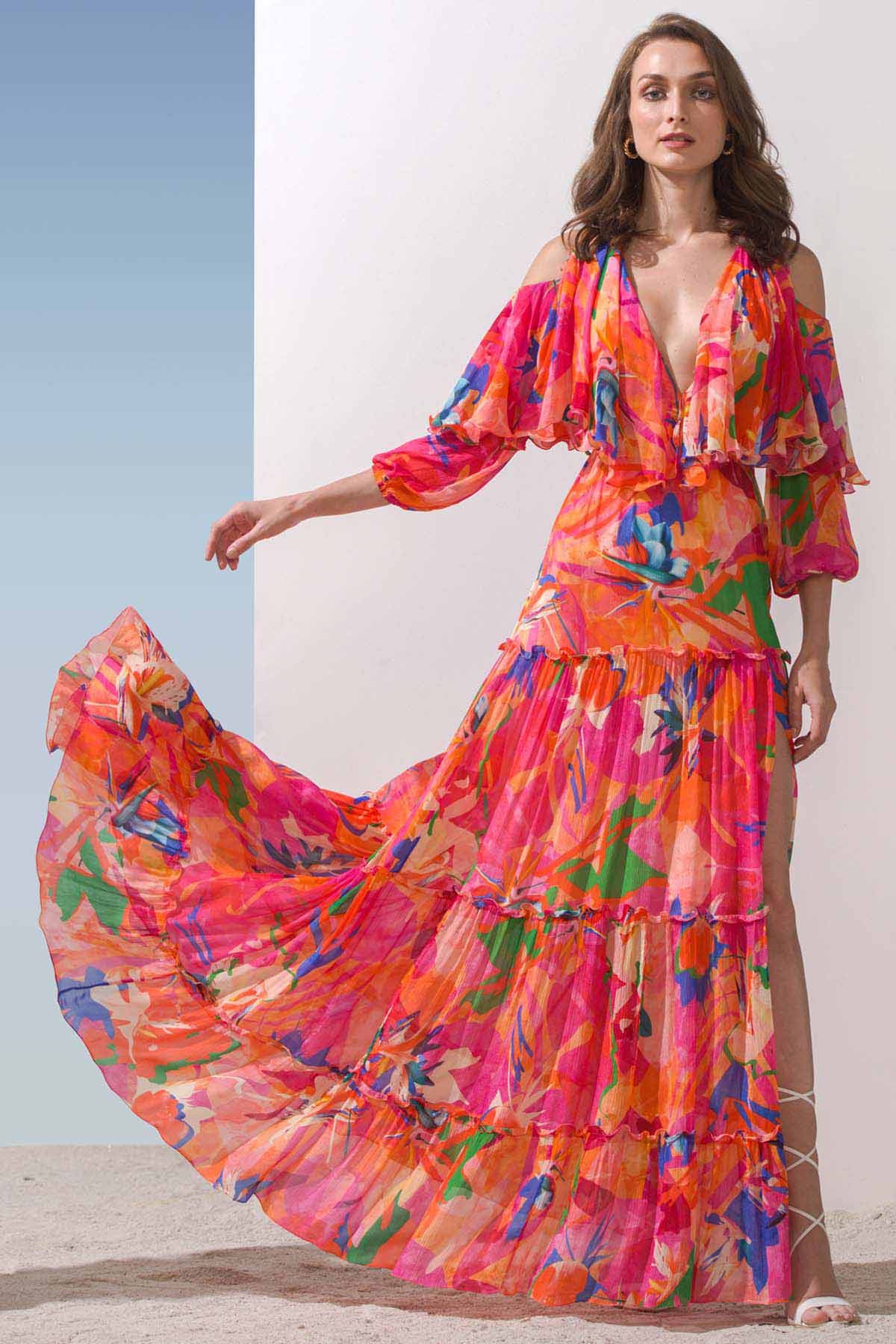 Buy Butterfly Yoke Tiered Dress by Mandira Wirk